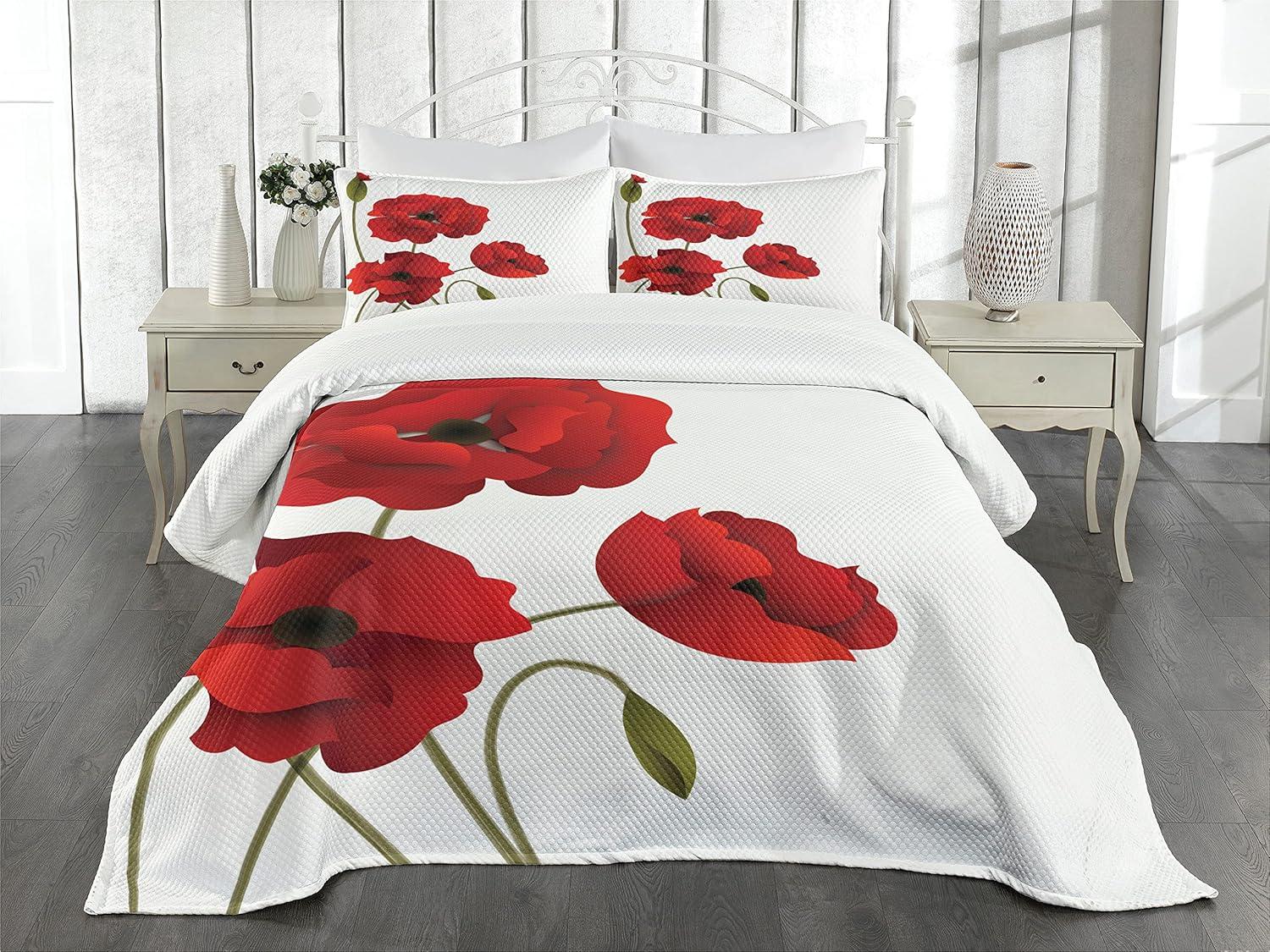 Ambesonne Ambesonne Floral Bedspread Set Flowers Petals and Buds Red Green