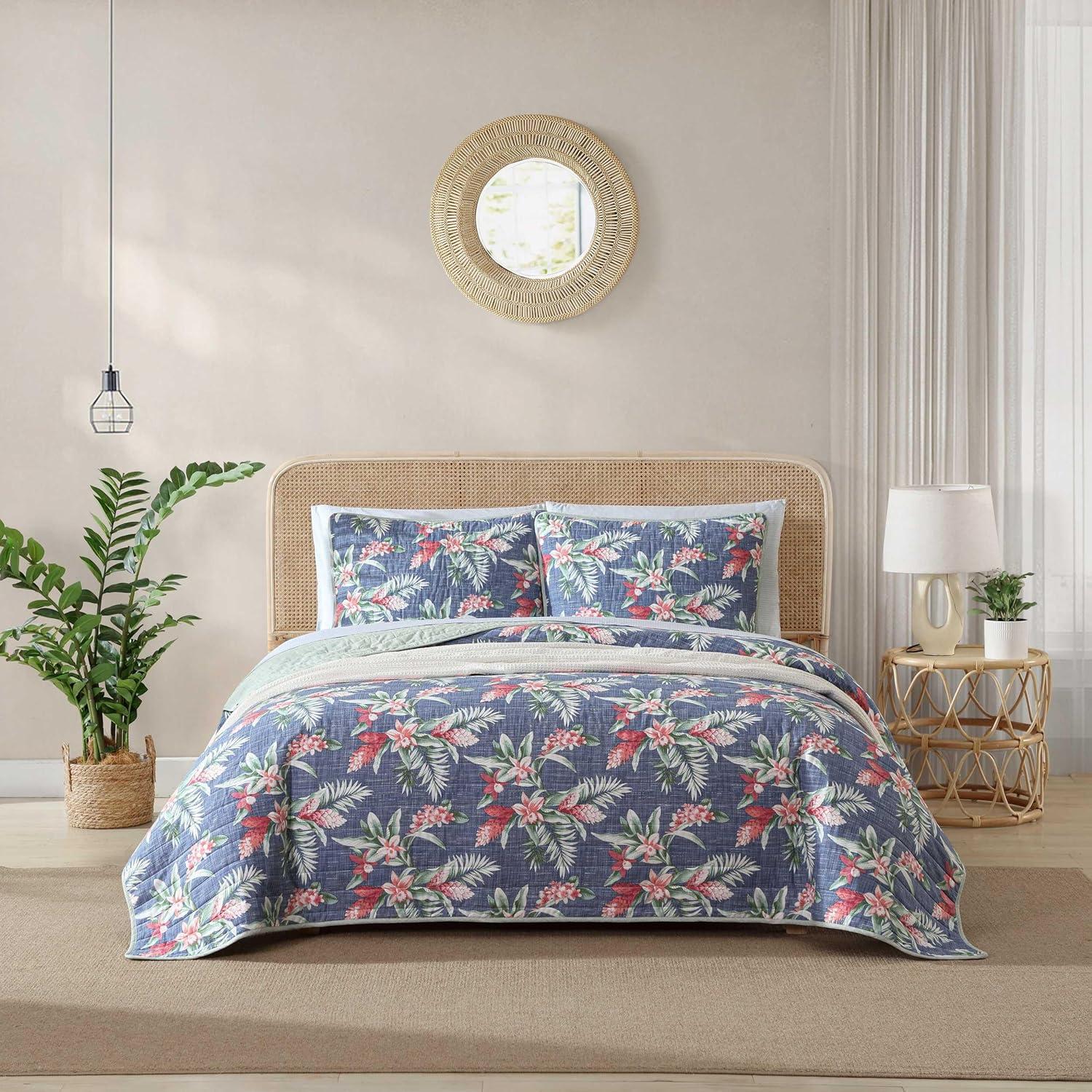 Eddie Bauer Tommy Bahama Floral Enchantment Cotton Reversible Blue Quilt Set