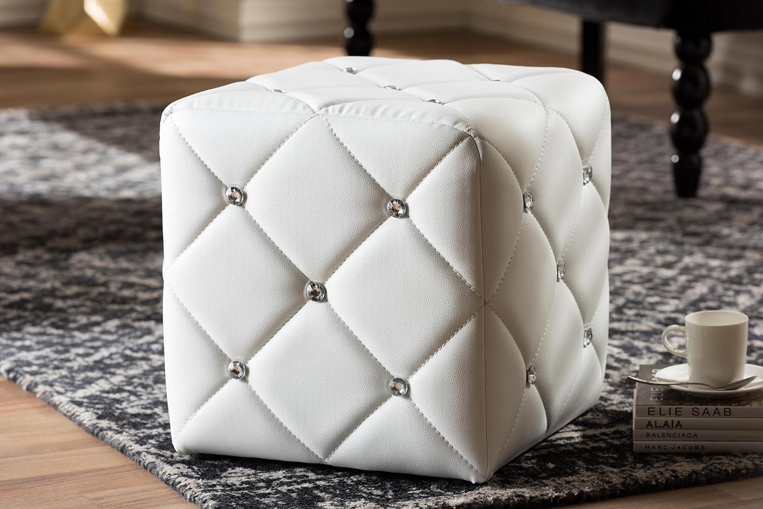 Homestock Tribal Treasures White Faux Leather Upholstered Ottoman, Square Ottaman, Button Tufted Design, Foam Padded, 13.78"D X 13.78"W X 13.78"H