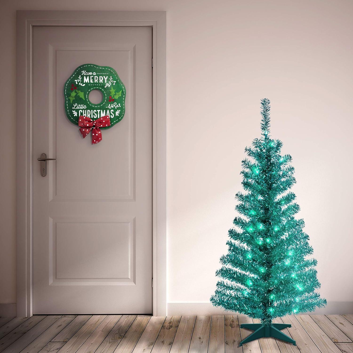 National Tree Company Pre-Lit Artificial Christmas Tree, Turquoise Tinsel, Clear Lights, Includes Stand, 4 Feet