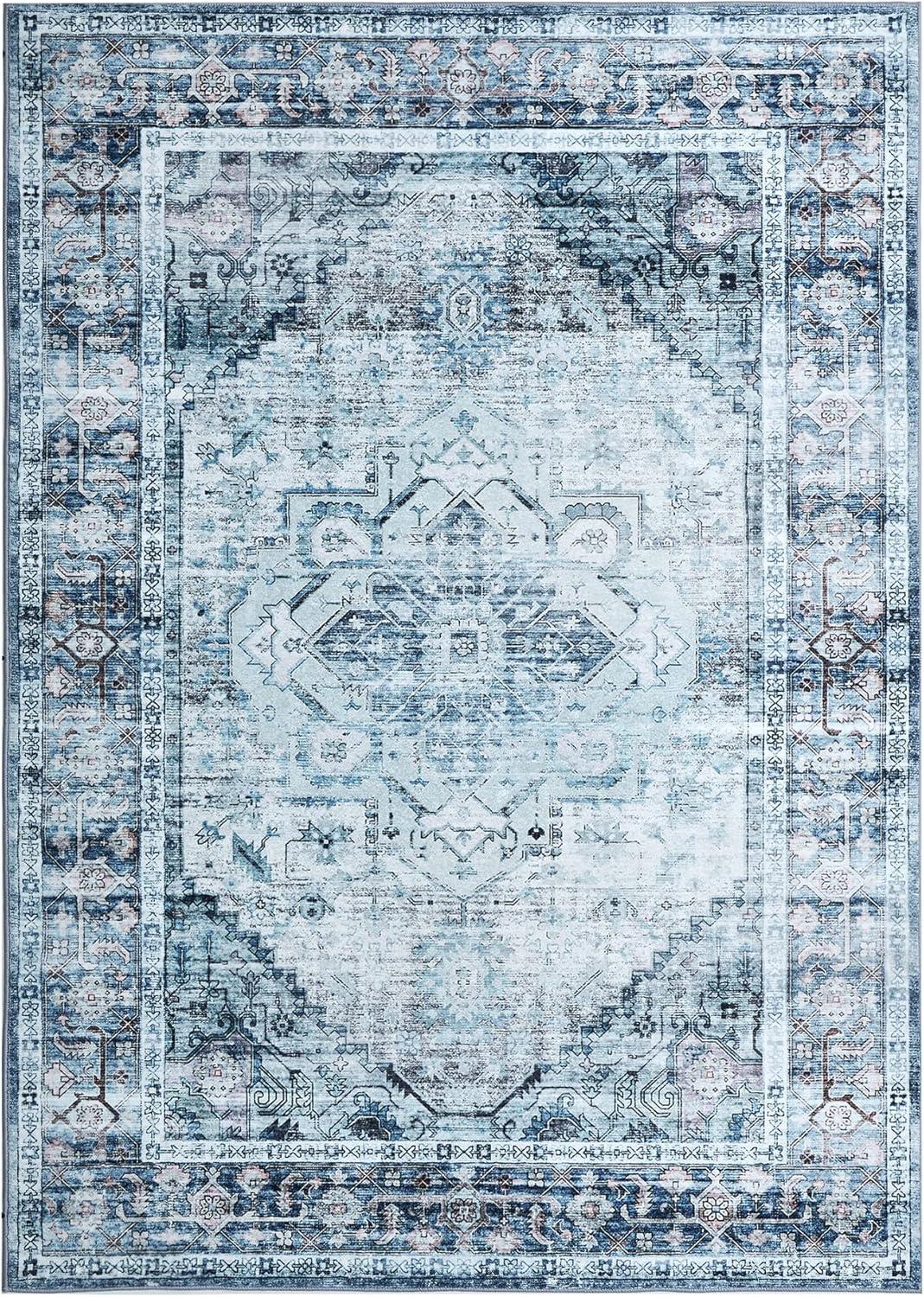 5'x7' Persian Vintage Bohemian Medallion Area Rug Non-Slip Back, Machine Washable Distressed Thin Rug,Traditional Indoor Carpet,Navy Blue