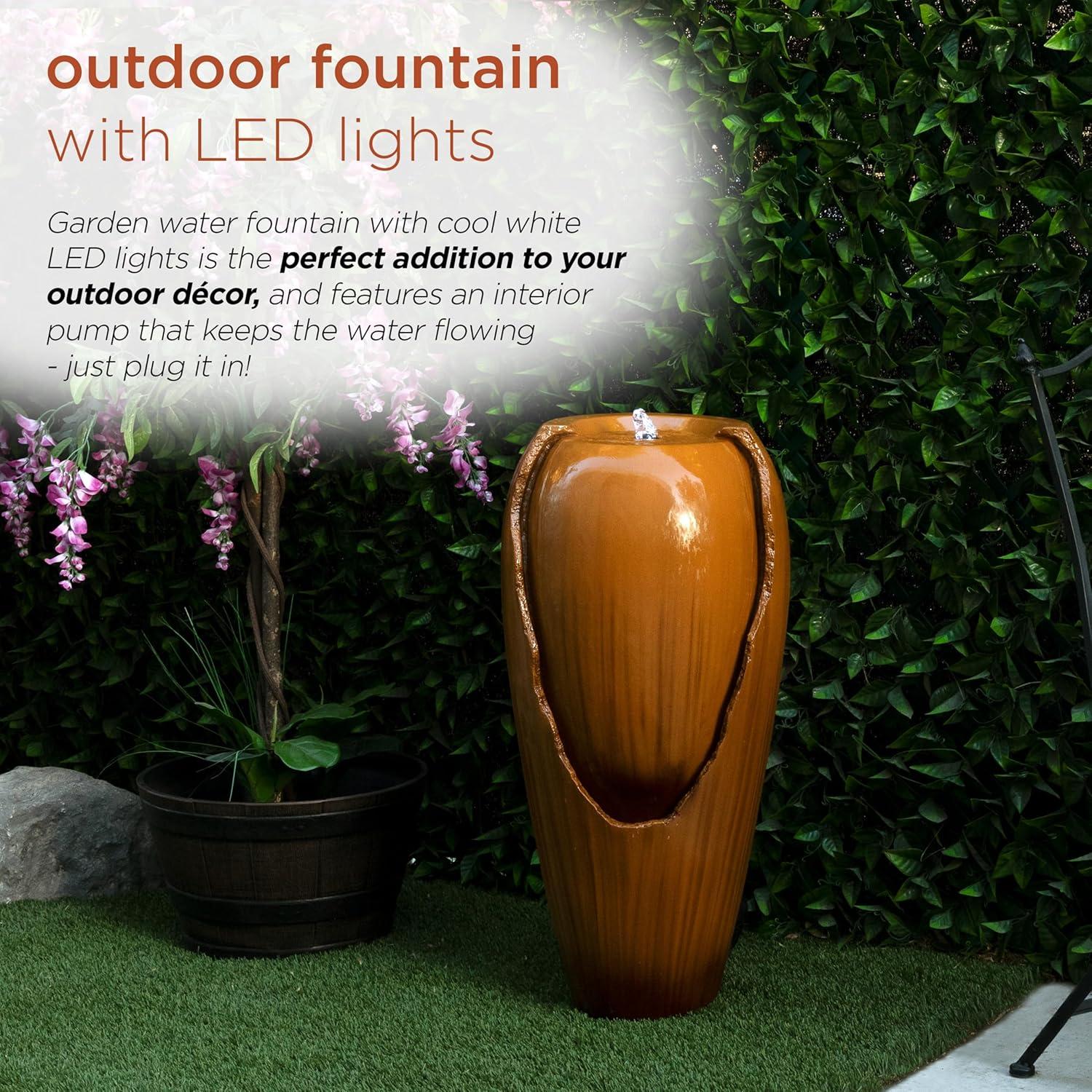 Alpine Corporation DIG100XS-BR Outdoor Floor Antique Jar Water Fountain with LED Lights, Vintage LED Waterfall, 33", Brown
