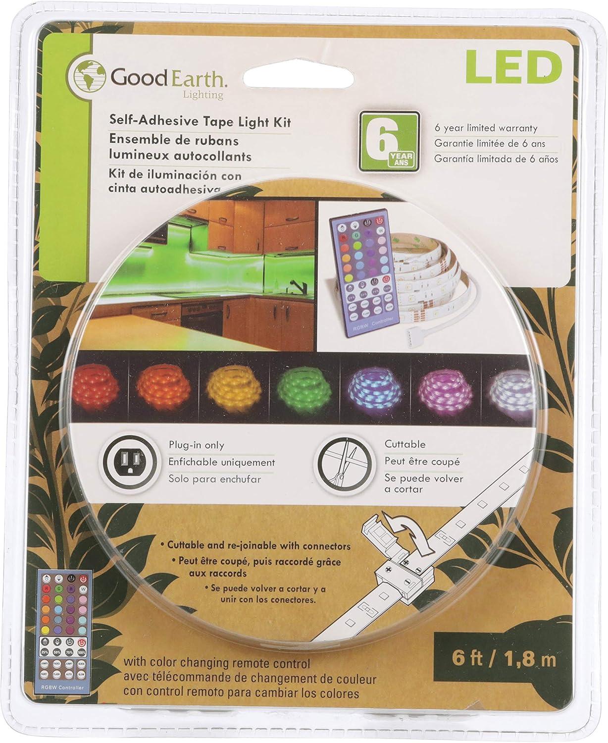 Good Earth Lighting RGB + Warm White LED 6ft Plug-in Tape Light with Multi-Function IR Remote, Flexible, Cuttable and Rejoinable, Remote Dimming, White