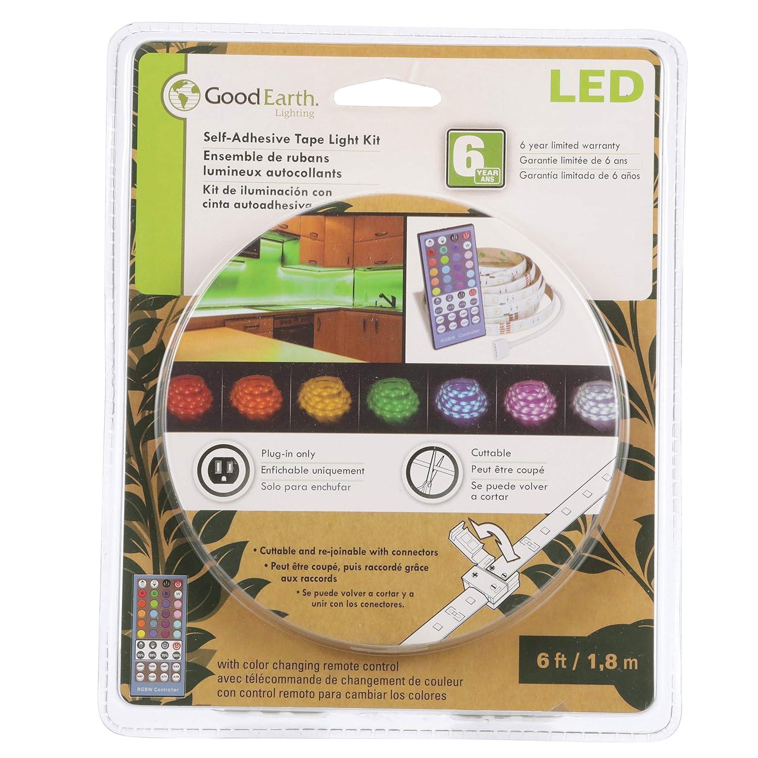 Good Earth Lighting RGB + Warm White LED 6ft Plug-in Tape Light with Multi-Function IR Remote, Flexible, Cuttable and Rejoinable, Remote Dimming, White