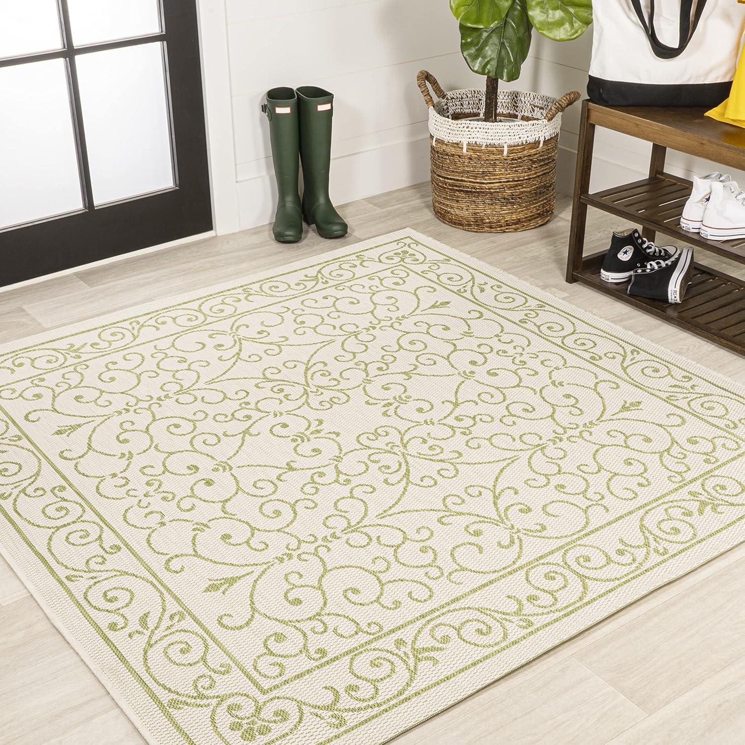 5' x 5' Charleston Vintage Filigree Textured Weave Indoor/Outdoor Area Rug, Cream/Green - JONATHAN Y