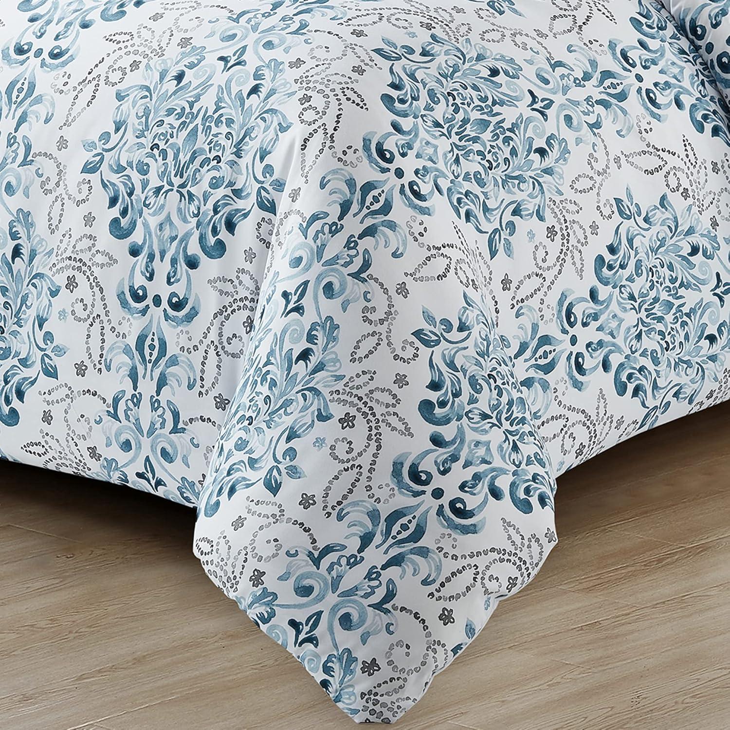 Blue and White Damask Queen Size Microfiber Duvet Cover Set