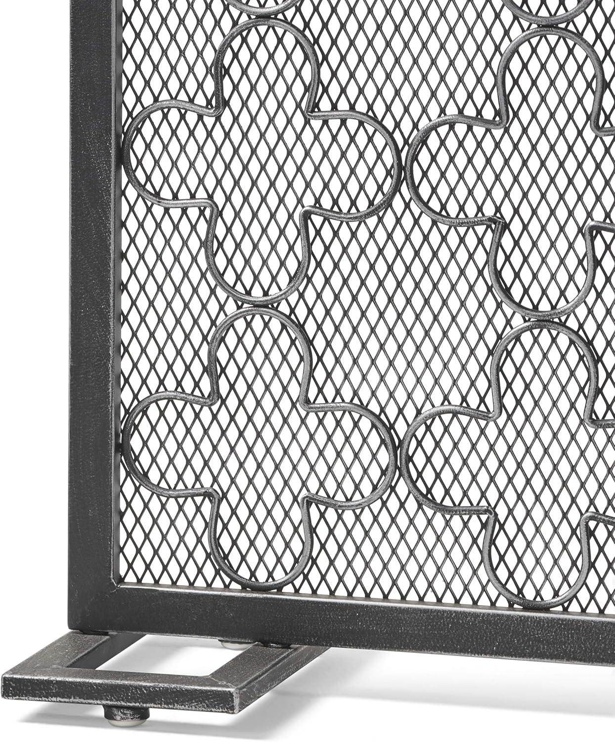 GDF Studio Pepperwood Modern Single Panel Iron Fireplace Screen, Black Brushed Silver