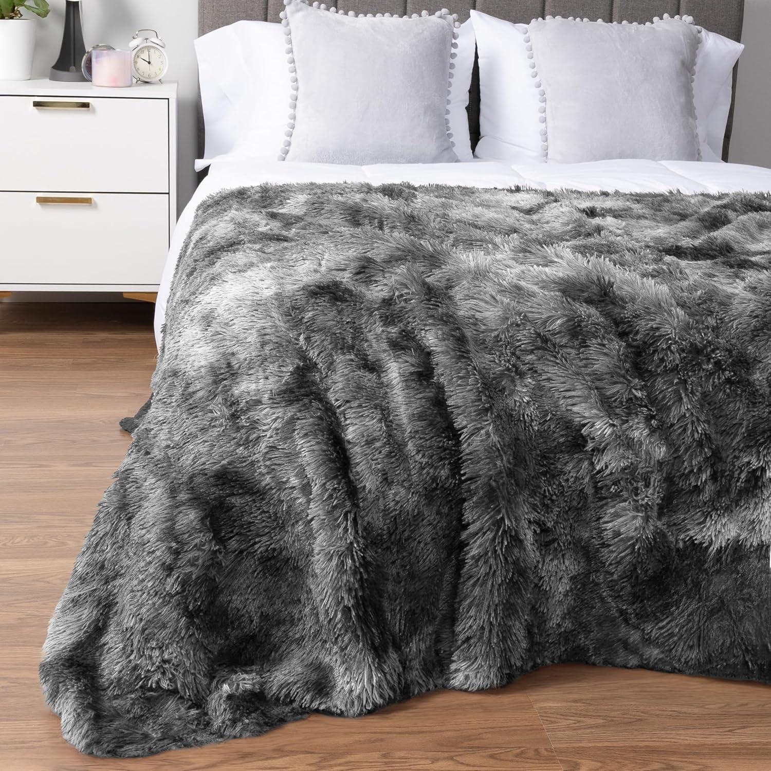 PAVILIA Fluffy Faux Fur Reversible Throw Blanket for Bed, Sofa, and Couch