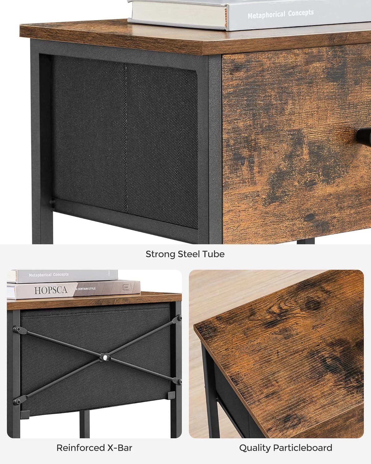 Rustic Brown and Black Metal Frame Nightstand with Drawer