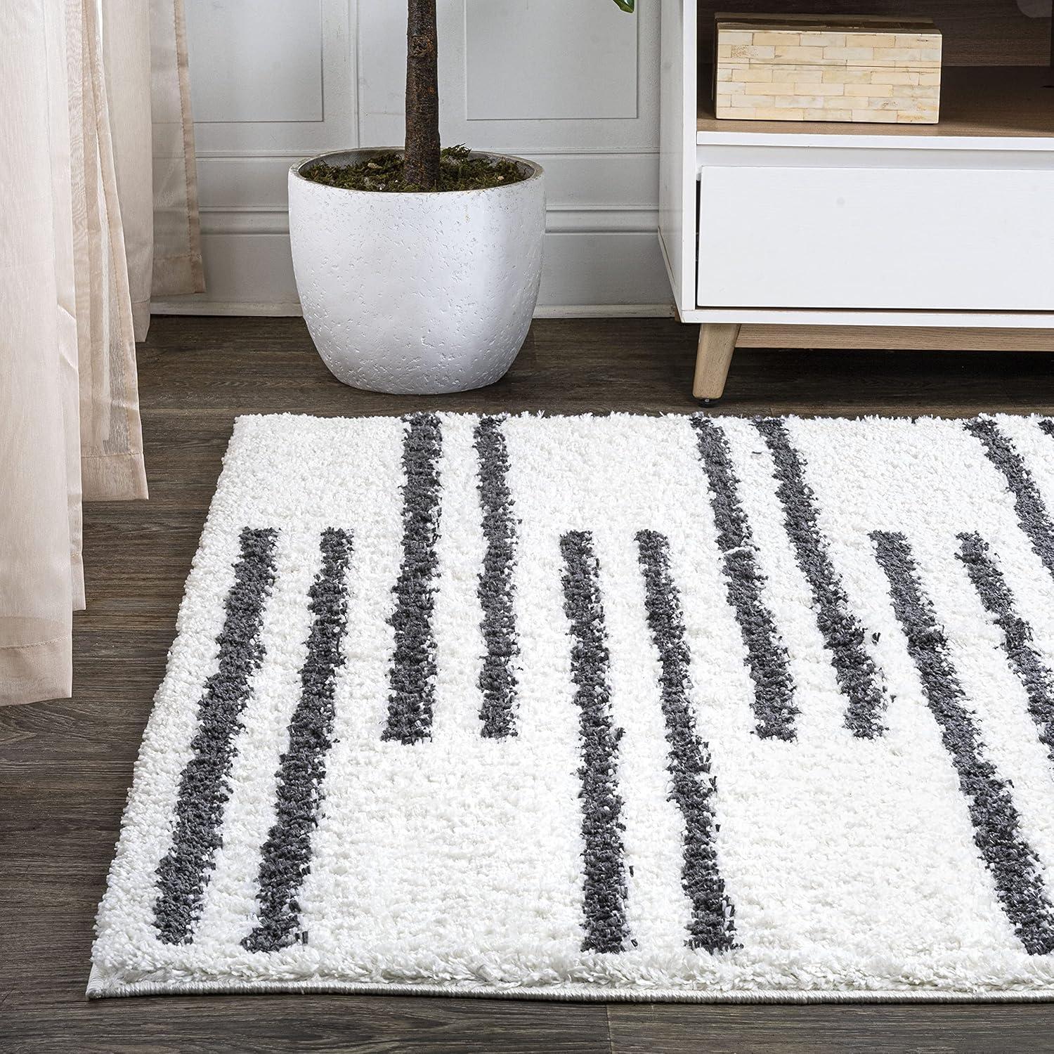 Petra Stripe Geometric Shag Area Rug - JONATHAN Y