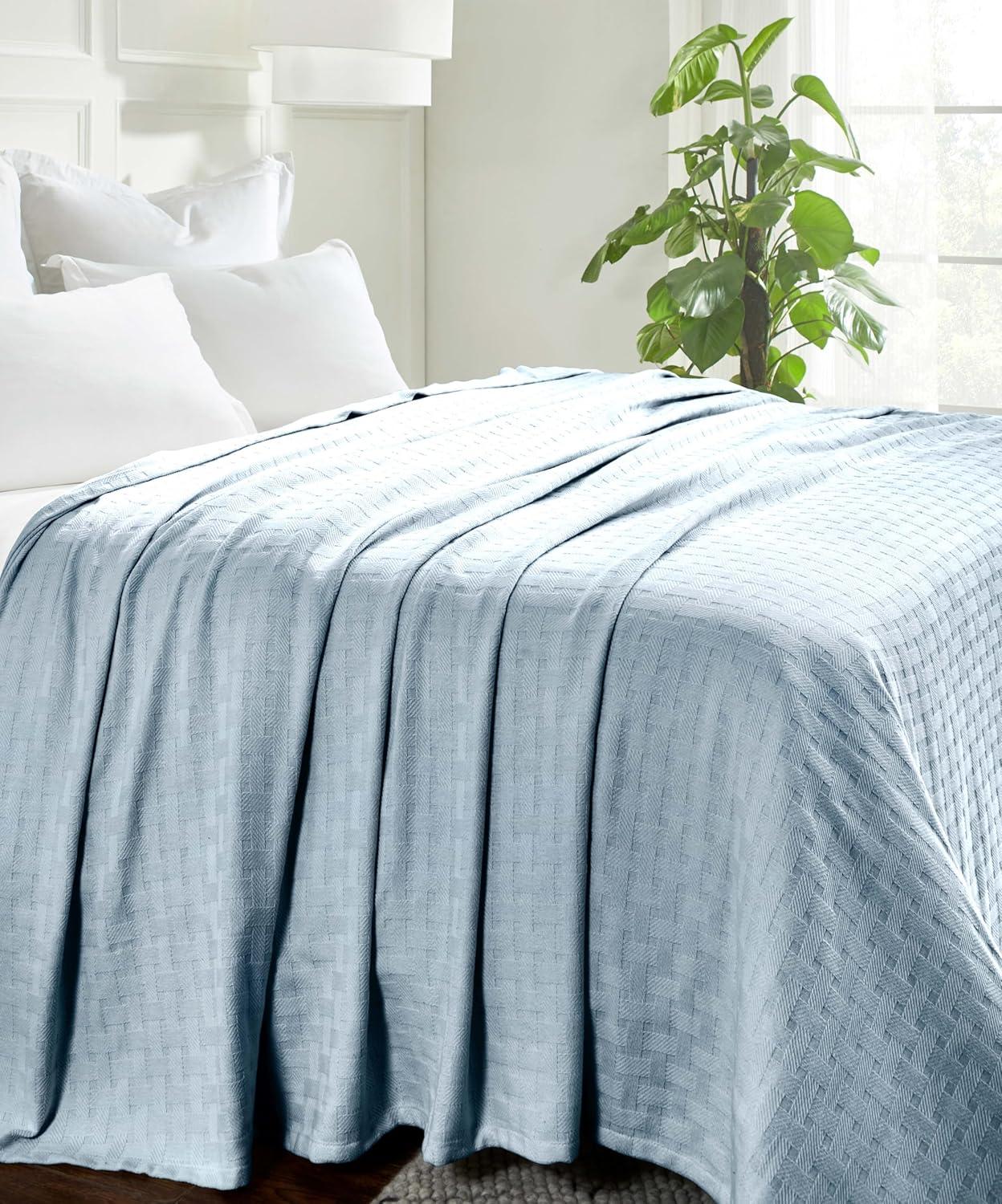 Superior Basketweave Cotton Blanket, Full/Queen, Light Blue