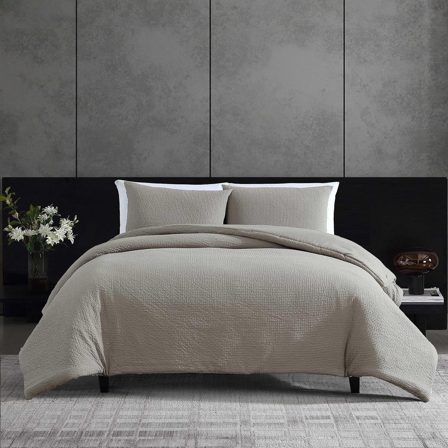 Queen Grey Cotton Puckered Texture Duvet Cover Set