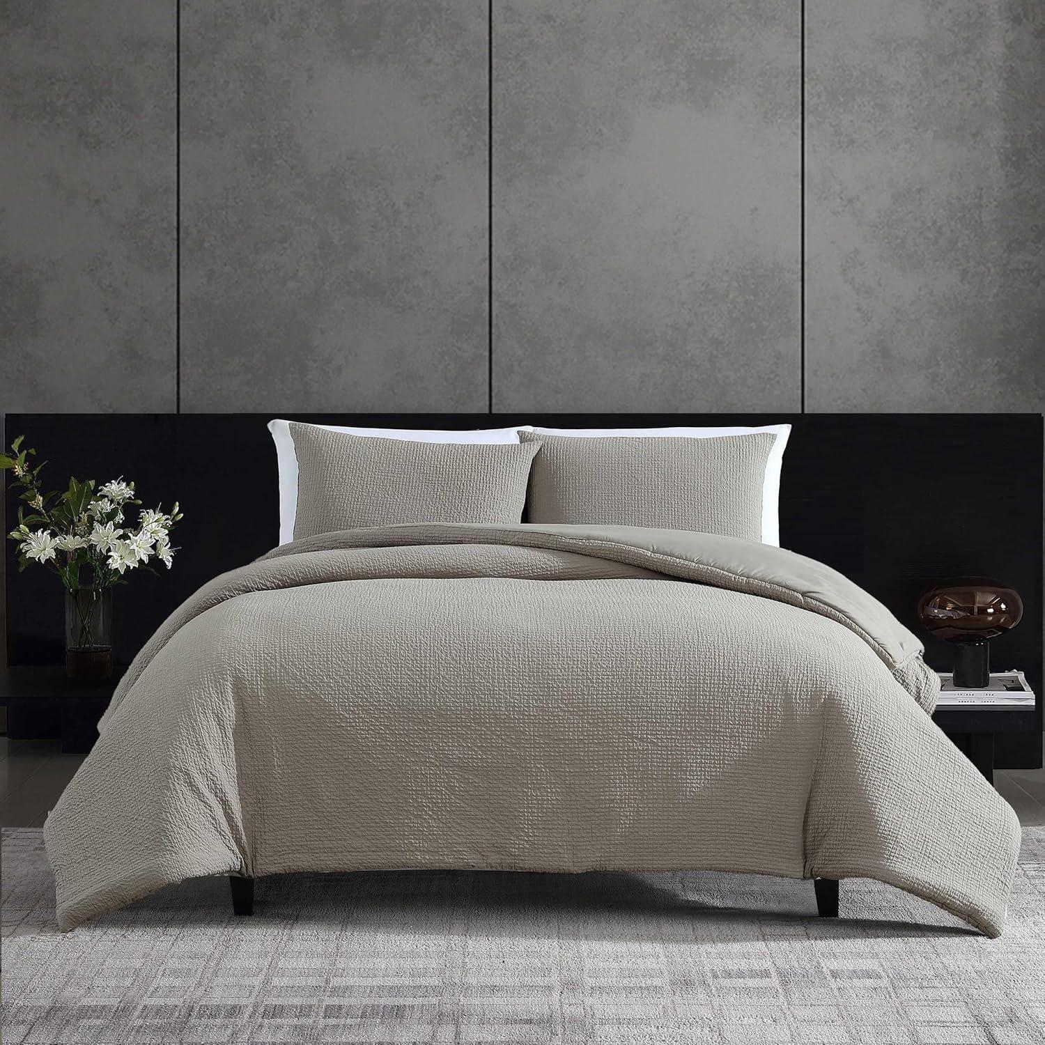 Vera Wang Puckered Texture Cotton Grey Duvet Cover Set | Wayfair