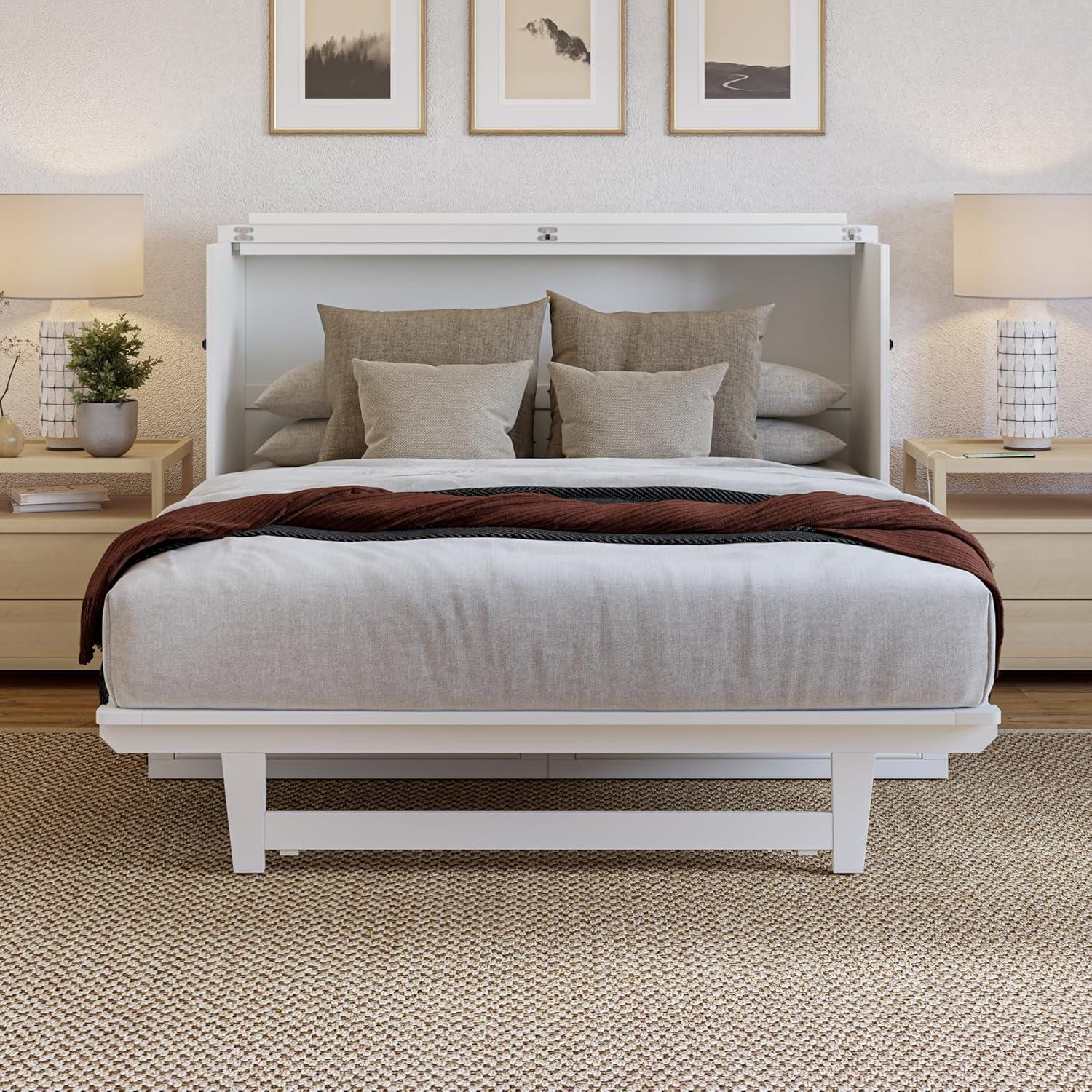 AFI Alpine Queen Wood Murphy Bed Chest with Mattress and Built-in Charger, White
