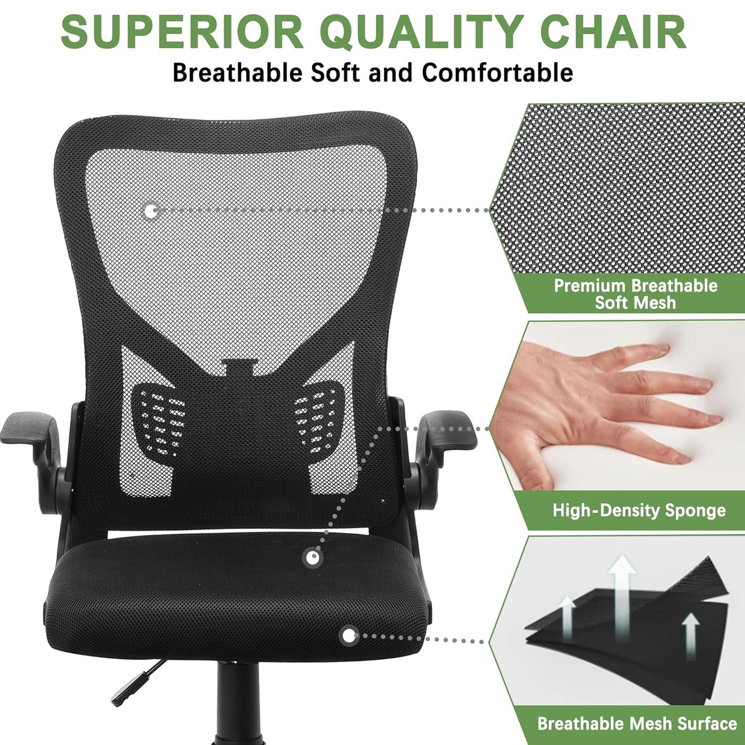 VECELO Mid-Back Mesh Ergonomic Office Chair with Flim-up Armrests, Breathable Lumbar Support, Swivel Wheels, Adjustable Height, for Study/Computer Task/Home Desk Work, Black