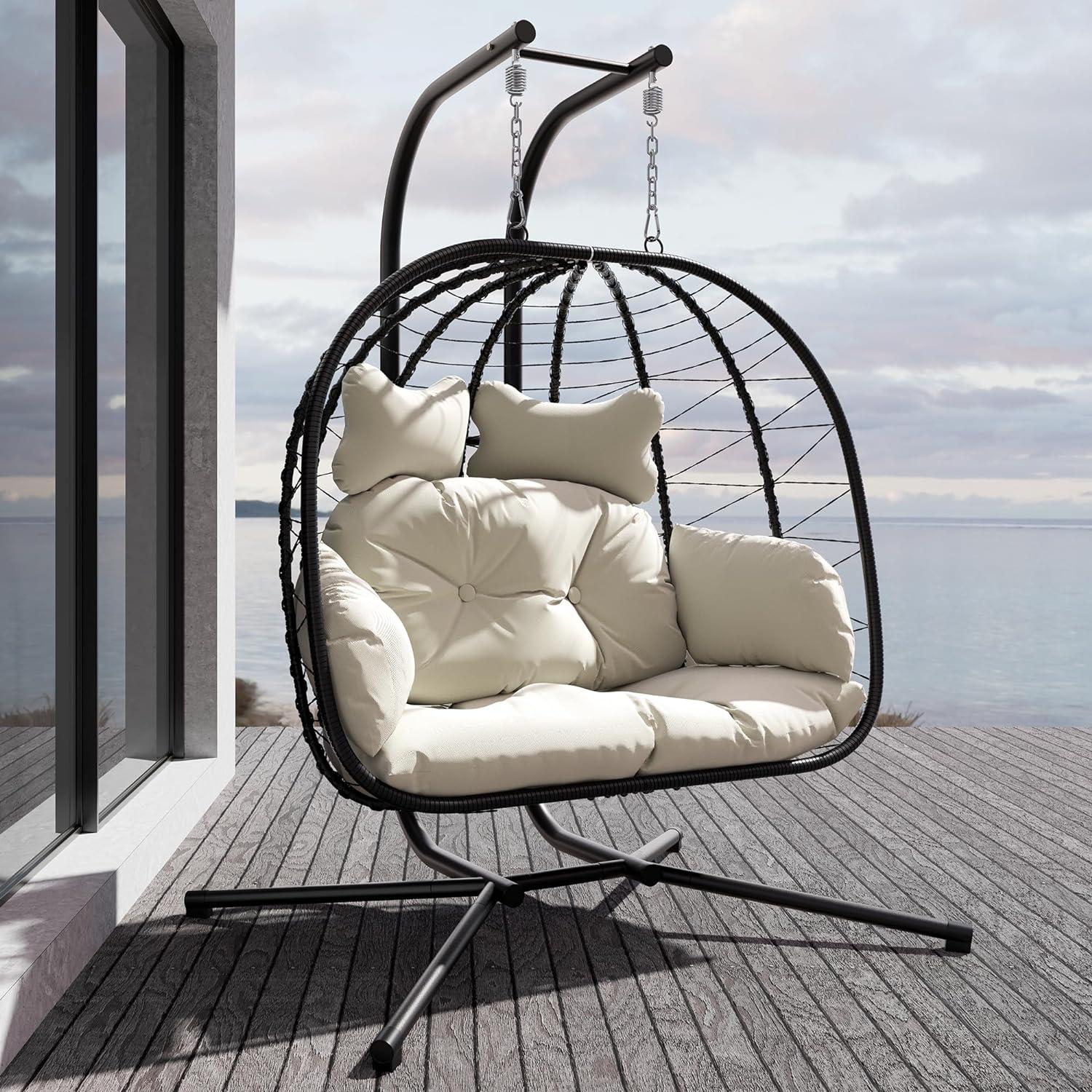 LHBcraft Double Wicker Swing Egg Chair Hammock Foldable Hanging Loveseat with Stand, UV Resistant Removable Cushions, 700LBS Capacity for Bedroom, Balcony (Black and Beige)