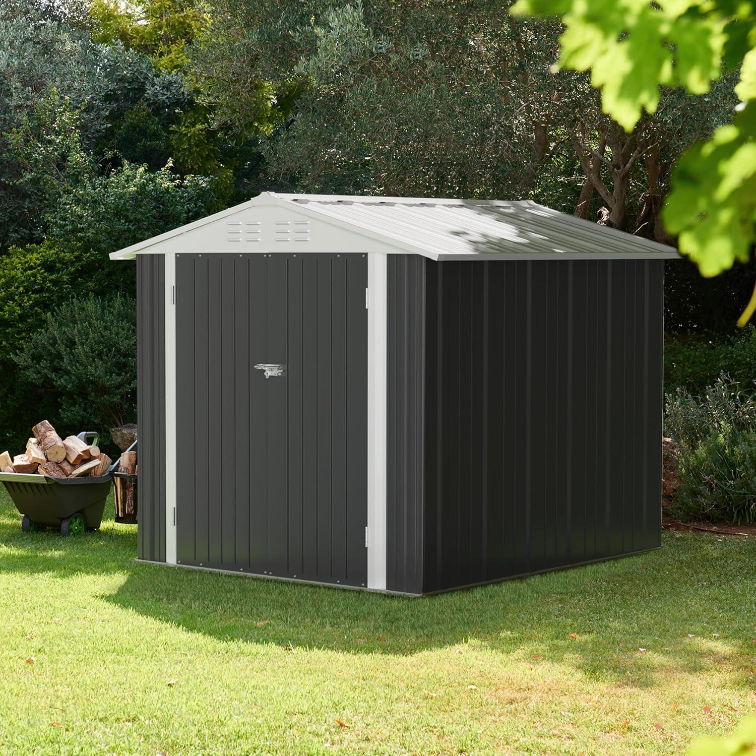 SYNGAR 8' x 6' Outdoor Metal Storage Shed, Tools Storage Shed, Galvanized Steel Garden Shed with Adjustable Shelves and Lockable Doors, Outdoor Storage Shed for Backyard, Patio, Lawn, D9182