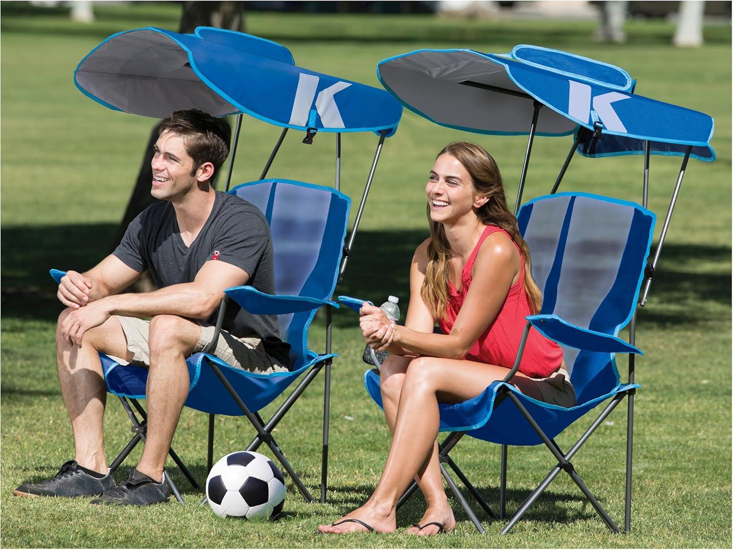 Kelsyus Premium Portable Camping Folding Outdoor Lawn Chair w/ 50+ UPF Canopy, Cup Holder, & Carry Strap, Blue & Gray