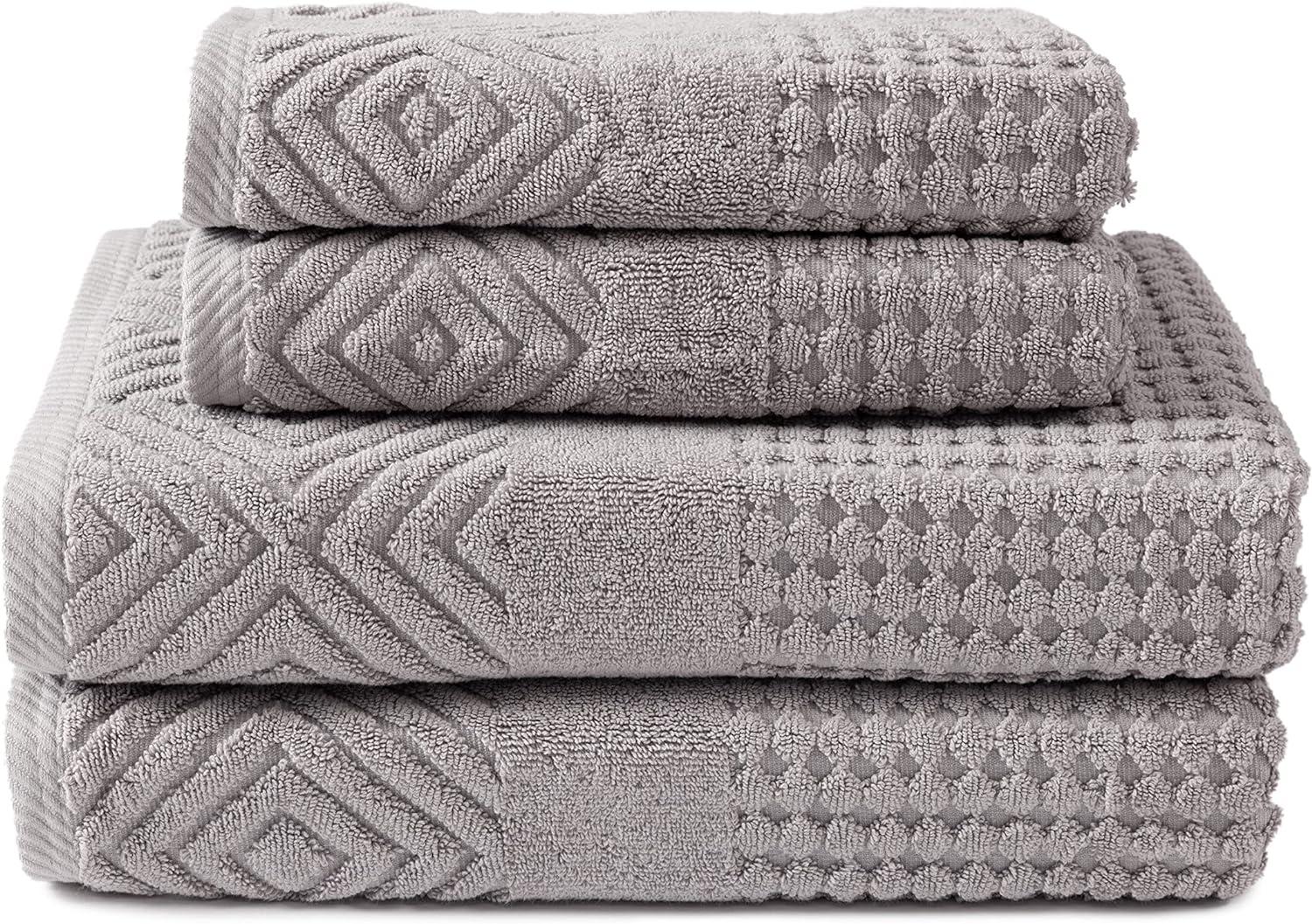 Texere 100% Organic Cotton Diamond Jacquard 700 GSM Luxury Bath Towel Sets - Ultra Soft and Absorbent Hotel and Spa Quality (Diamond, Cathedral Gray, 2 Bath & 2 Hand Towels)