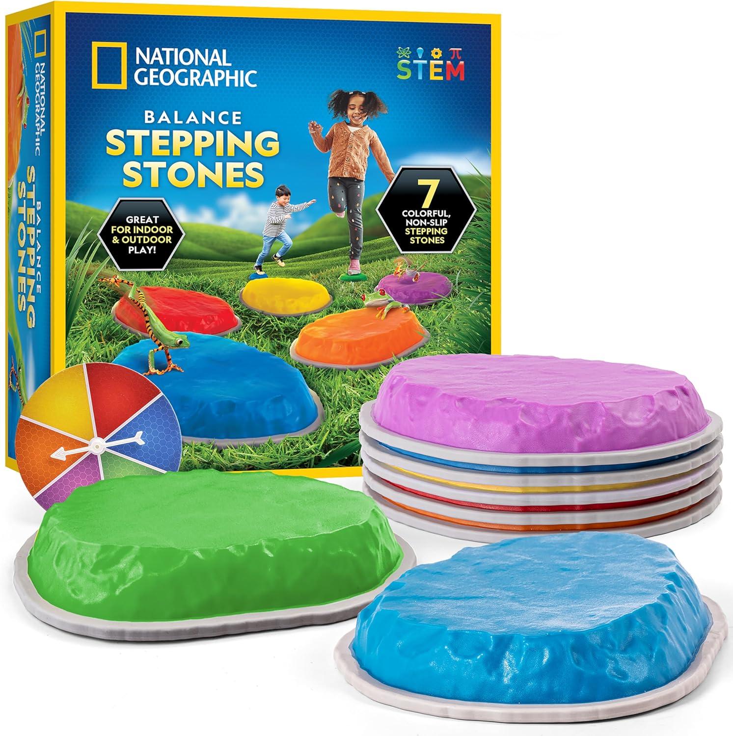 National Geographic Balance Stepping Stones for Indoor or Outdoor Play, Includes 7 Non-Slip Stepping Stones, Game Spinner and Instructions