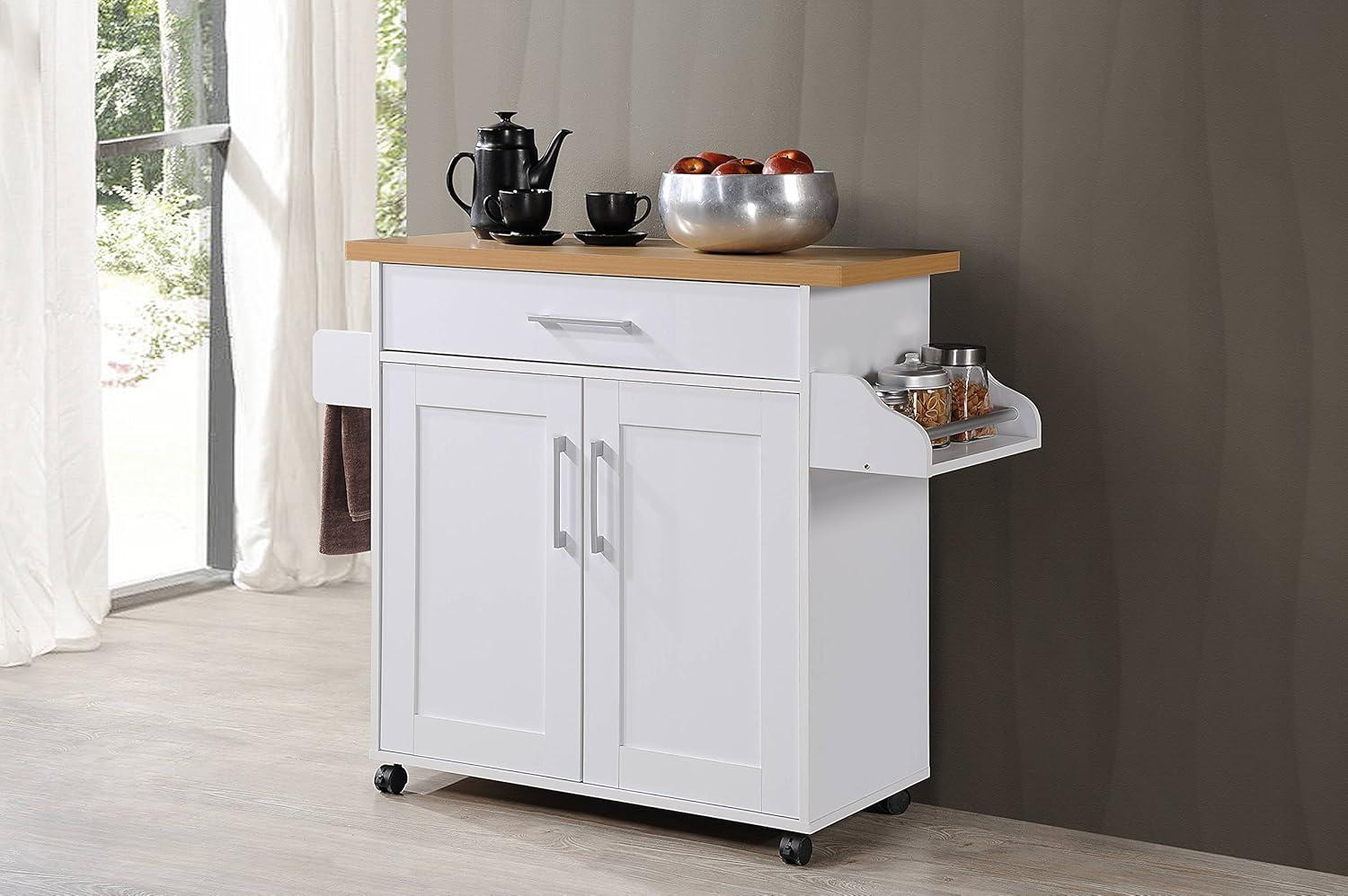 Hodedah Import Portable Kitchen Prep Storage Cart Island with Locking Wheels, Shelved Cabinet, Drawer, Spice Rack, and Towel Holder, Multicolor