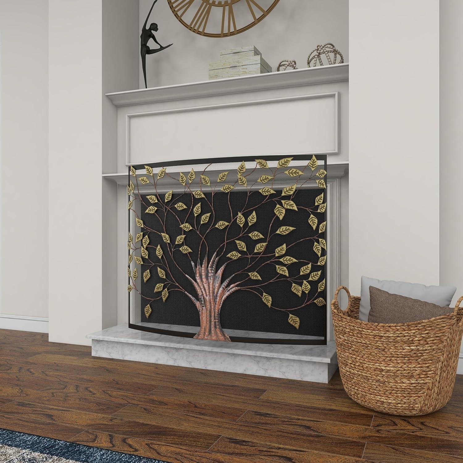 Bronze Metal Tree Design Fireplace Screen with Golden Leaves