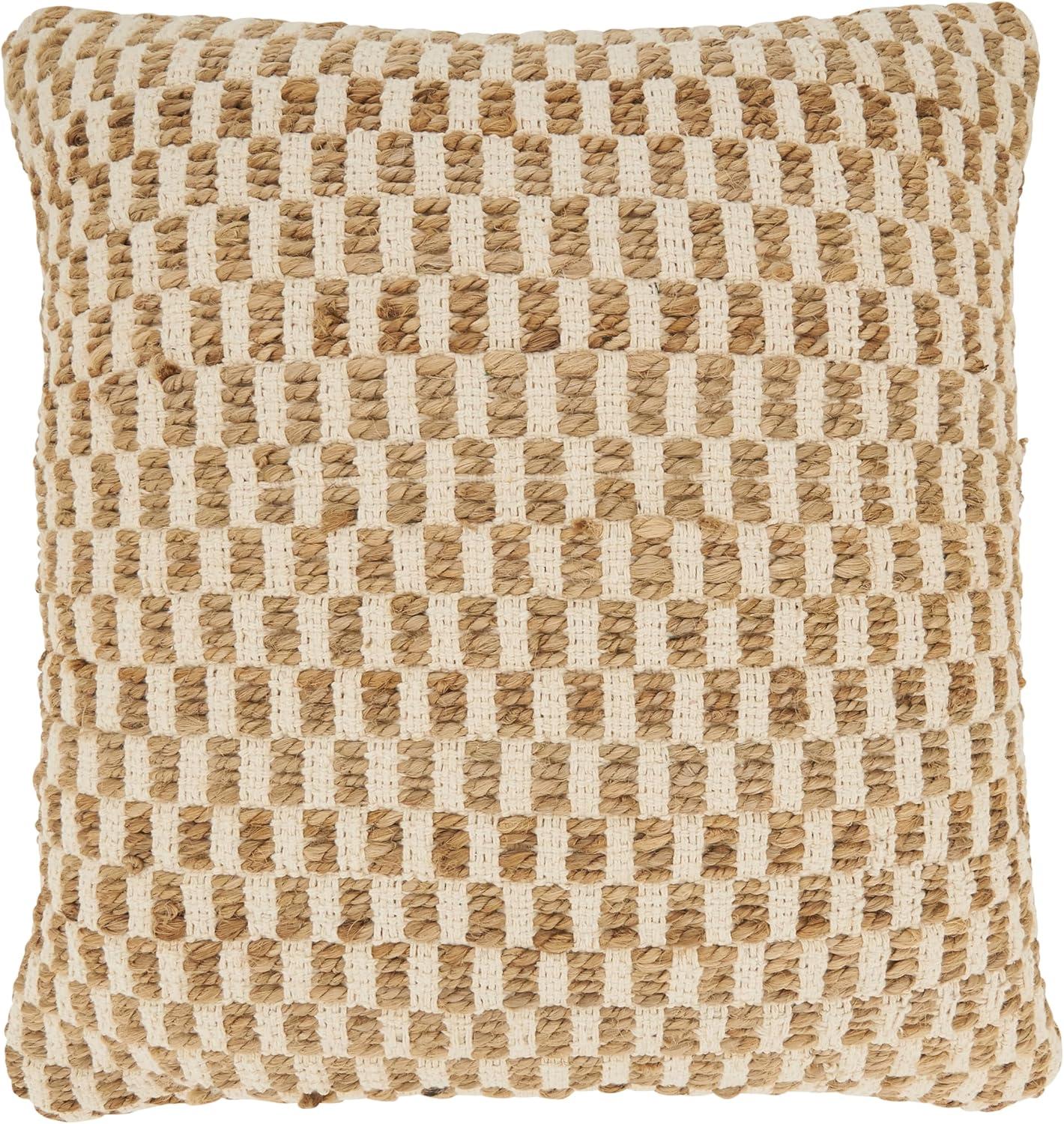 Beige 20" Jute and Cotton Woven Throw Pillow Cover