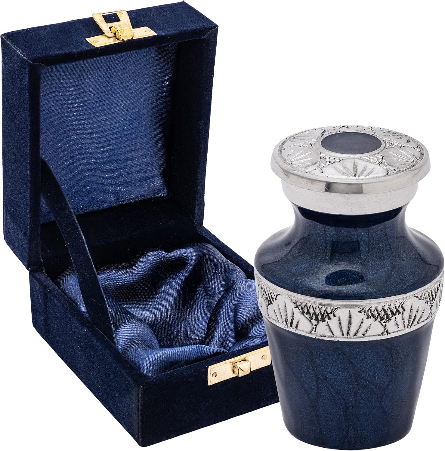 FOVERE – Mini Keepsake Urn for Human Ashes - Small Blue Cremation Urns with Elegant Silver Engraving – Holds a Small Portion of Ashes – 100% Handcrafted Decorative Urns for Human Ashes – Navy Blue