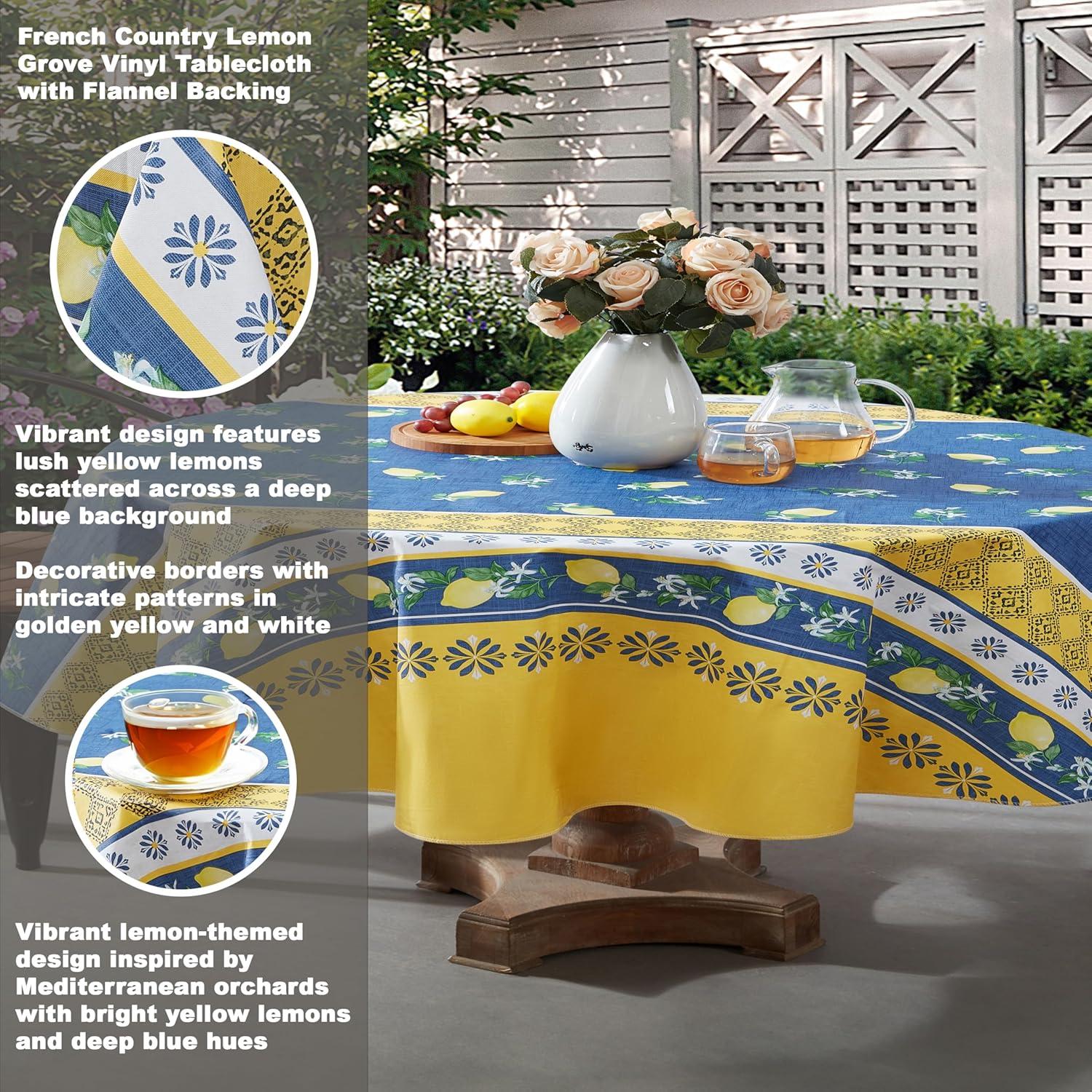 Home Bargains Plus French Country Lemon Grove 60 x 84 Inch Oval Vinyl Tablecloth with Flannel Backing