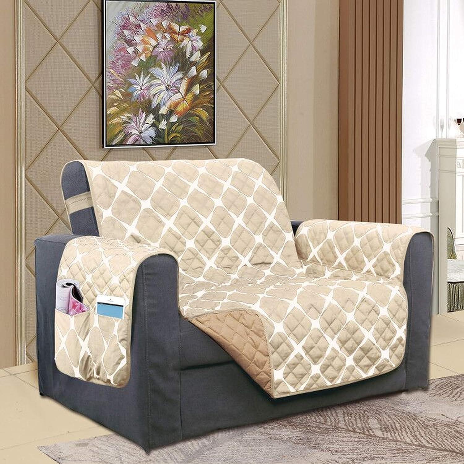 Beige-Taupe Quilted Microfiber Reversible Chair Protector with Pockets