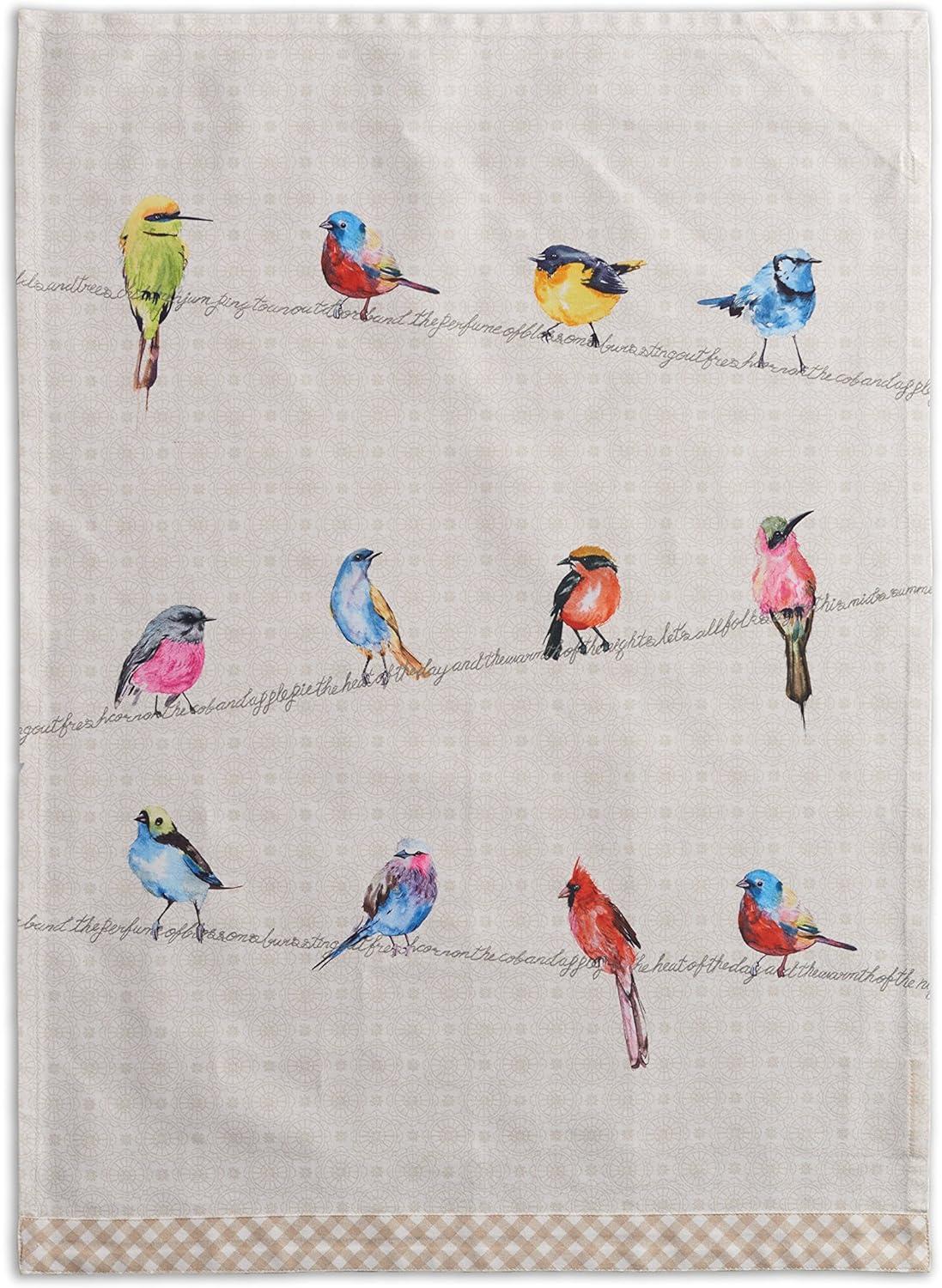 Birdies on Wire Beige Cotton Kitchen Towels Set