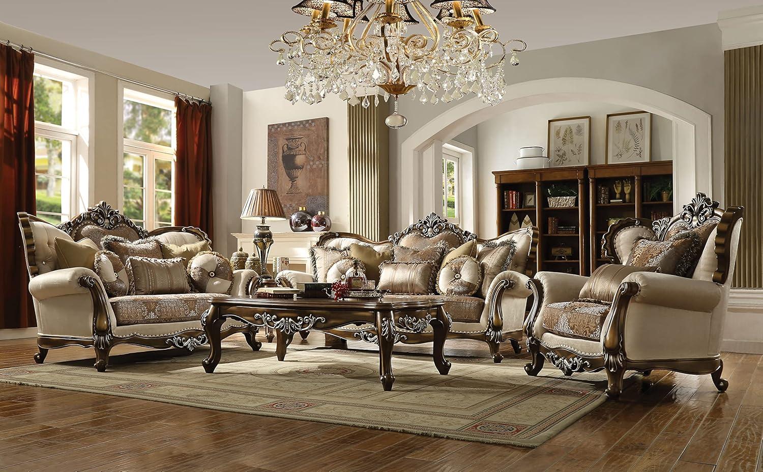 Acme Furniture 88" Latisha Fabric Pattern Sofa Tan/Antique Oak: Includes 4 Pillows, Nailhead Trim, Wood Frame