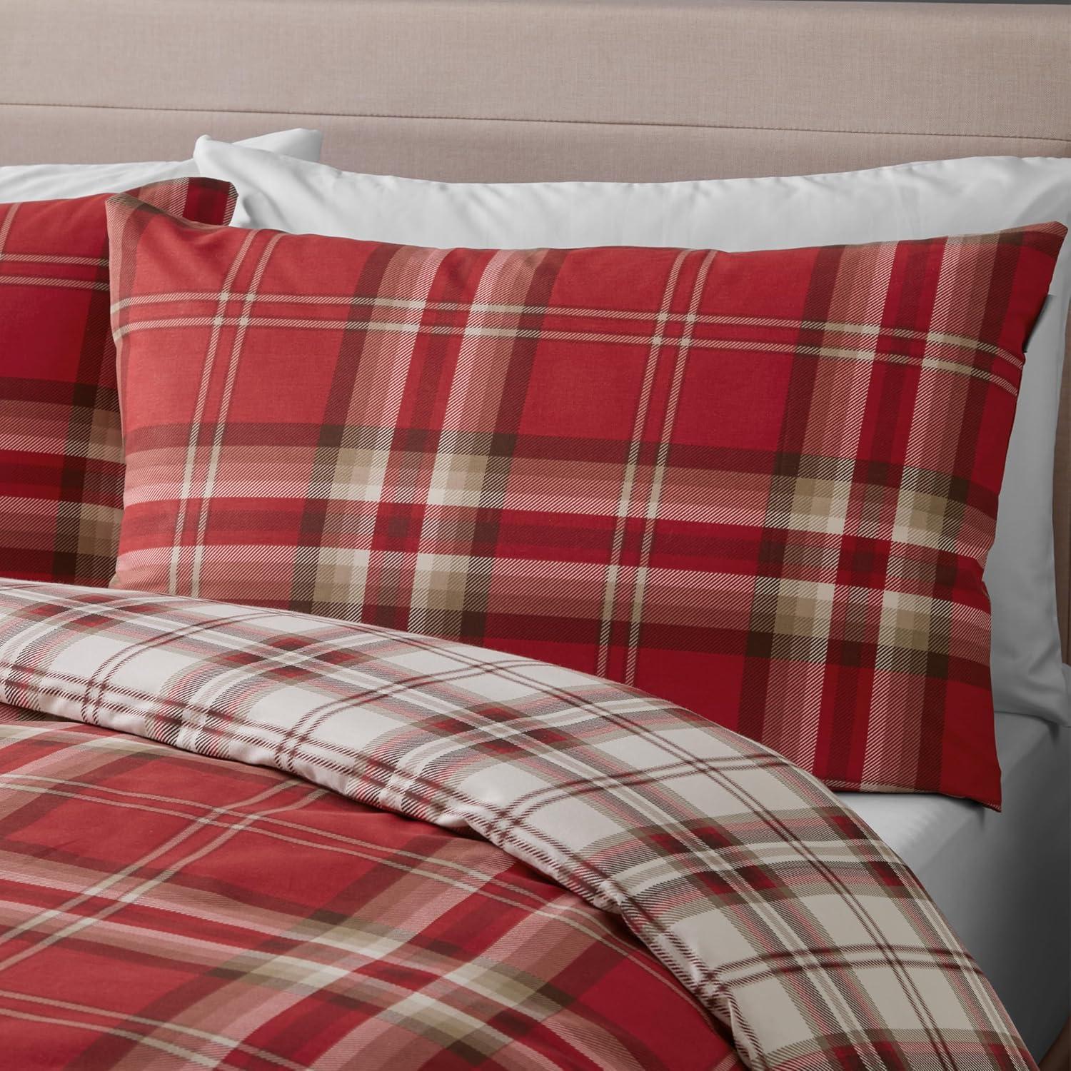 Full Red and Charcoal Cotton Tartan Duvet Cover Set