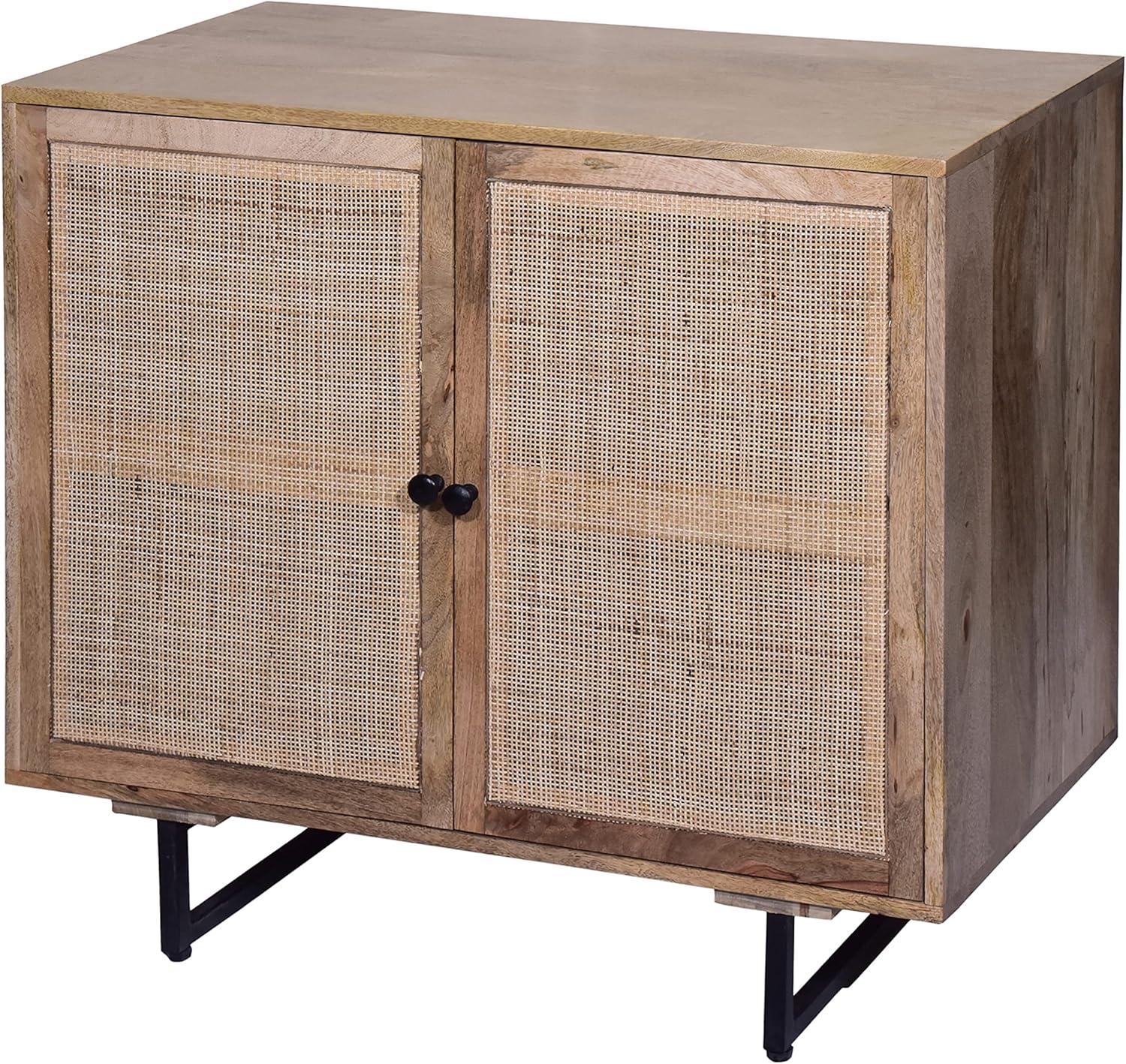 35 Inch Handcrafted Accent Cabinet with 2 Mesh Rattan Doors Black Iron Legs Natural Brown Mango Wood Frame - Saltoro