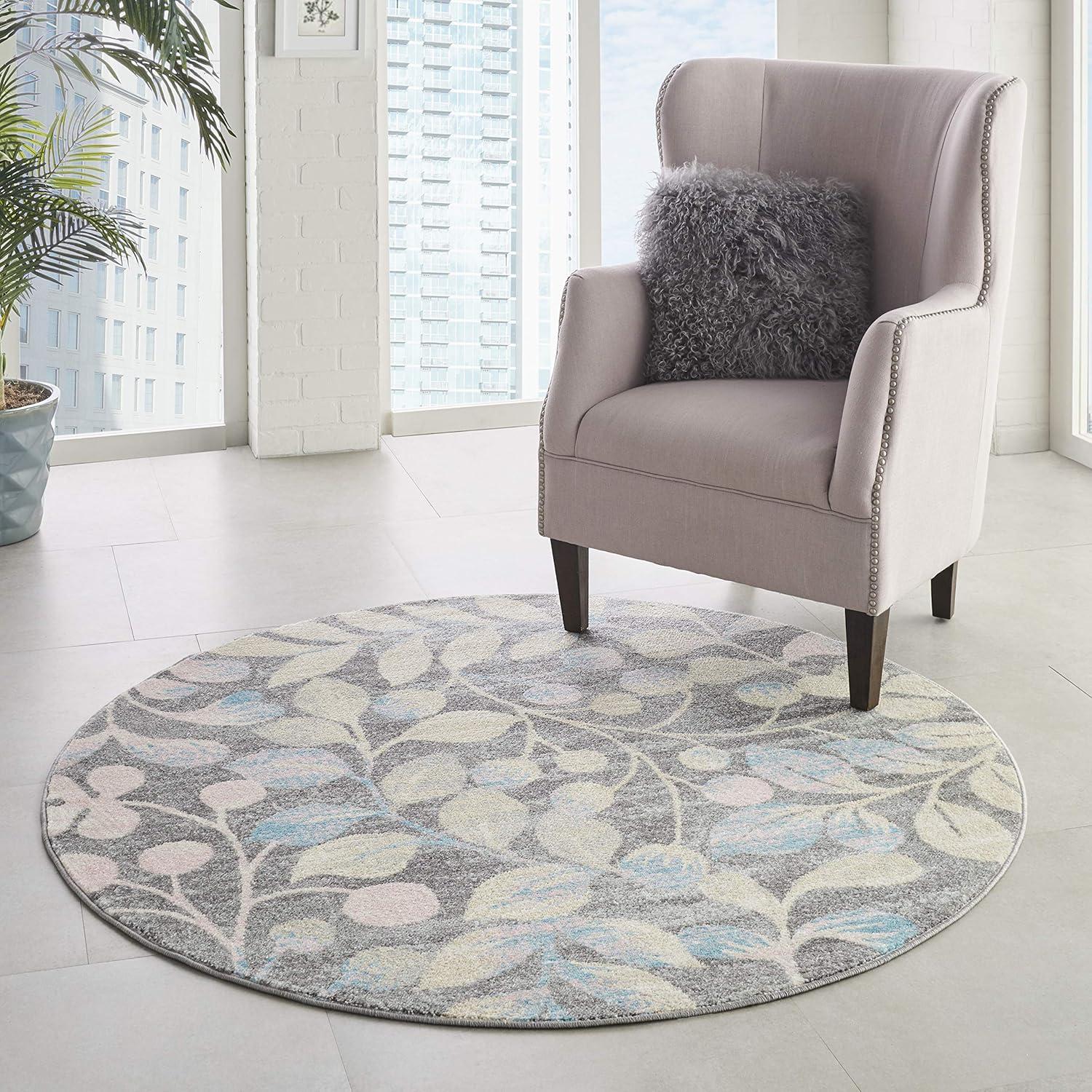 Nourison Tranquil 5'3" X ROUND (5' Round) Grey/Beige Area Rug Contemporary Botanical Vine and Bloom by Nourison
