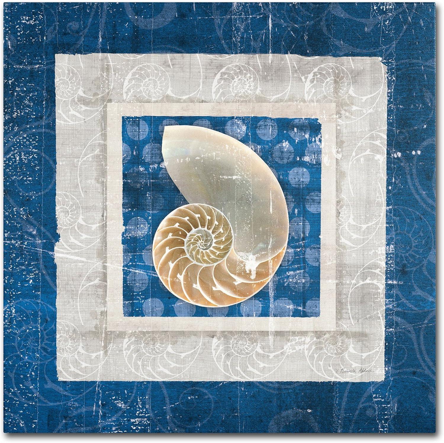 Coastal Blue and Beige Nautilus Shell Square Canvas Art