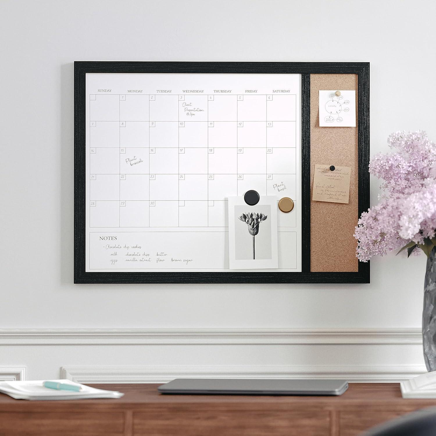 Martha Stewart Everette 24"x18" Magnetic Dry Erase Monthly Calendar and Cork Board Combo with Included Marker, Magnets, and Push Pins, Black Woodgrain Frame