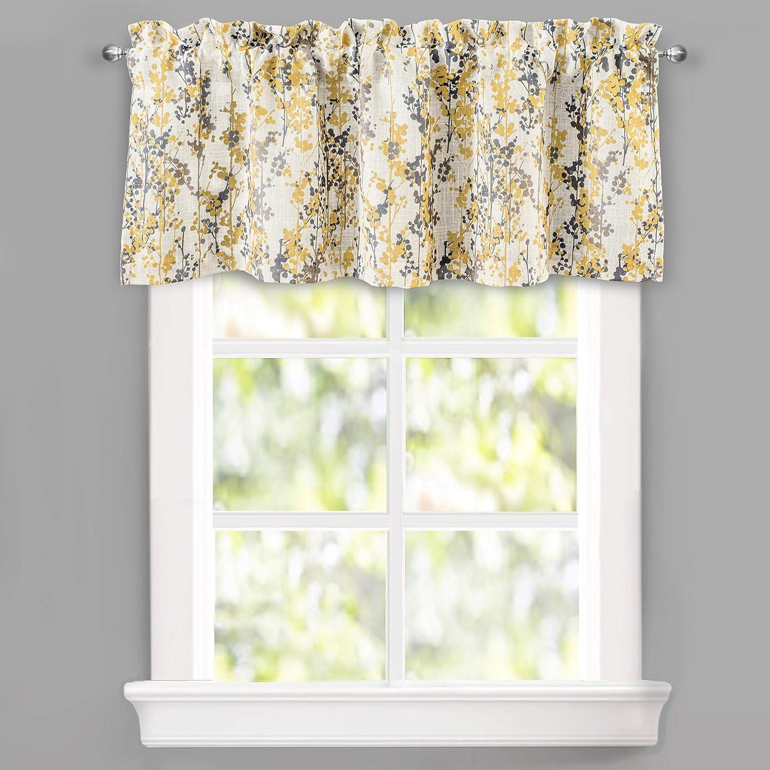 DriftAway Leah Linen Blend Abstract Floral Blossom Ink Painting Lined Blackout Thermal Insulated Window Curtain Valance Rod Pocket 18"L x 52"W Plus 2" Header Golden Yellow Gray 1 Pack