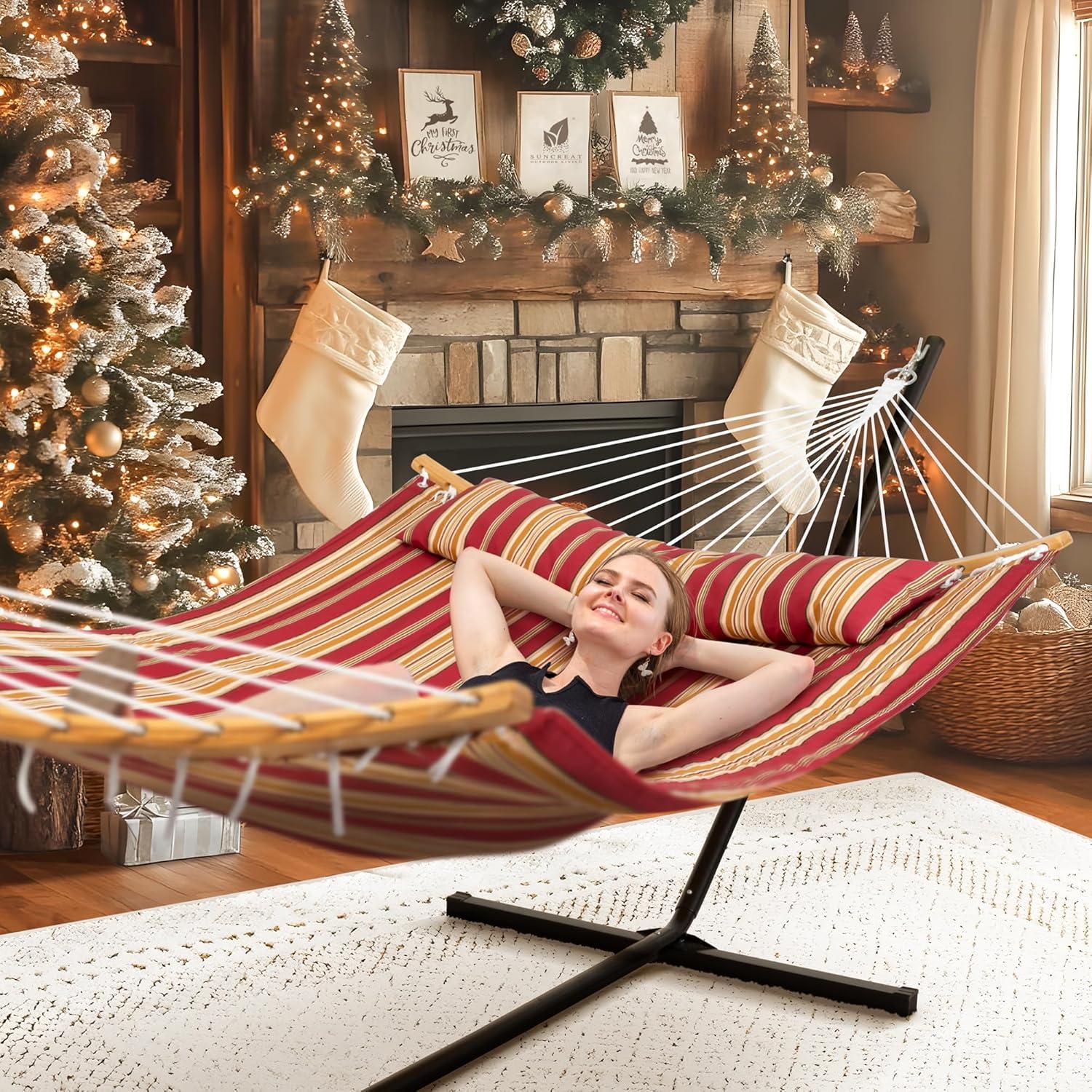 Red Striped Double Hammock with Bamboo Spreader Bar and Steel Stand