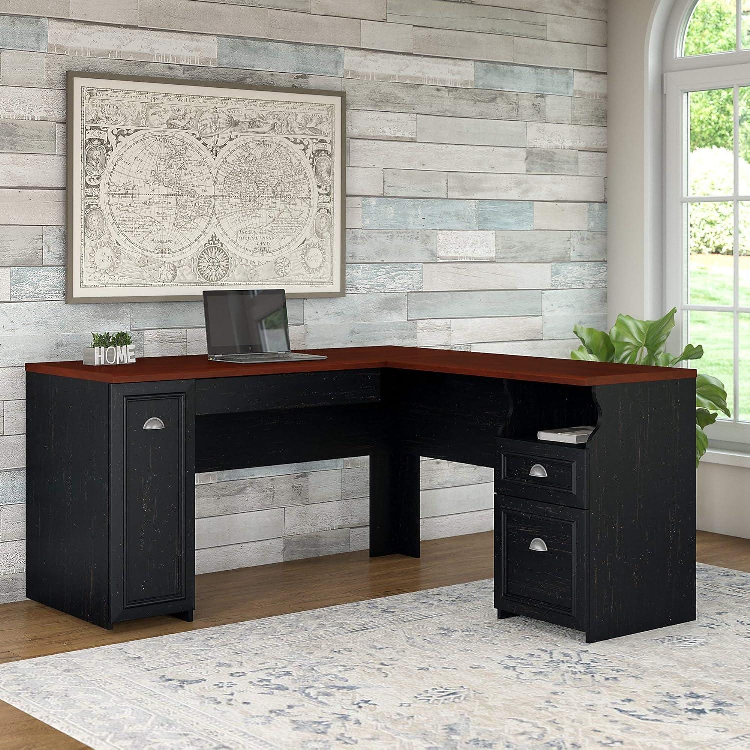 Antique Black Wood Corner Desk with Drawer and Keyboard Tray