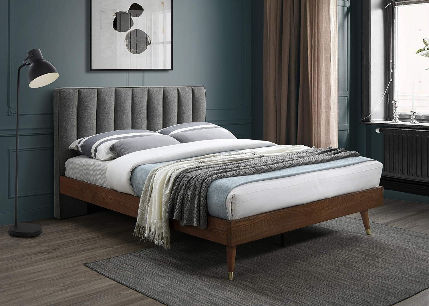 Elegant Vance Grey Linen Queen Bed with Tufted Wood Frame