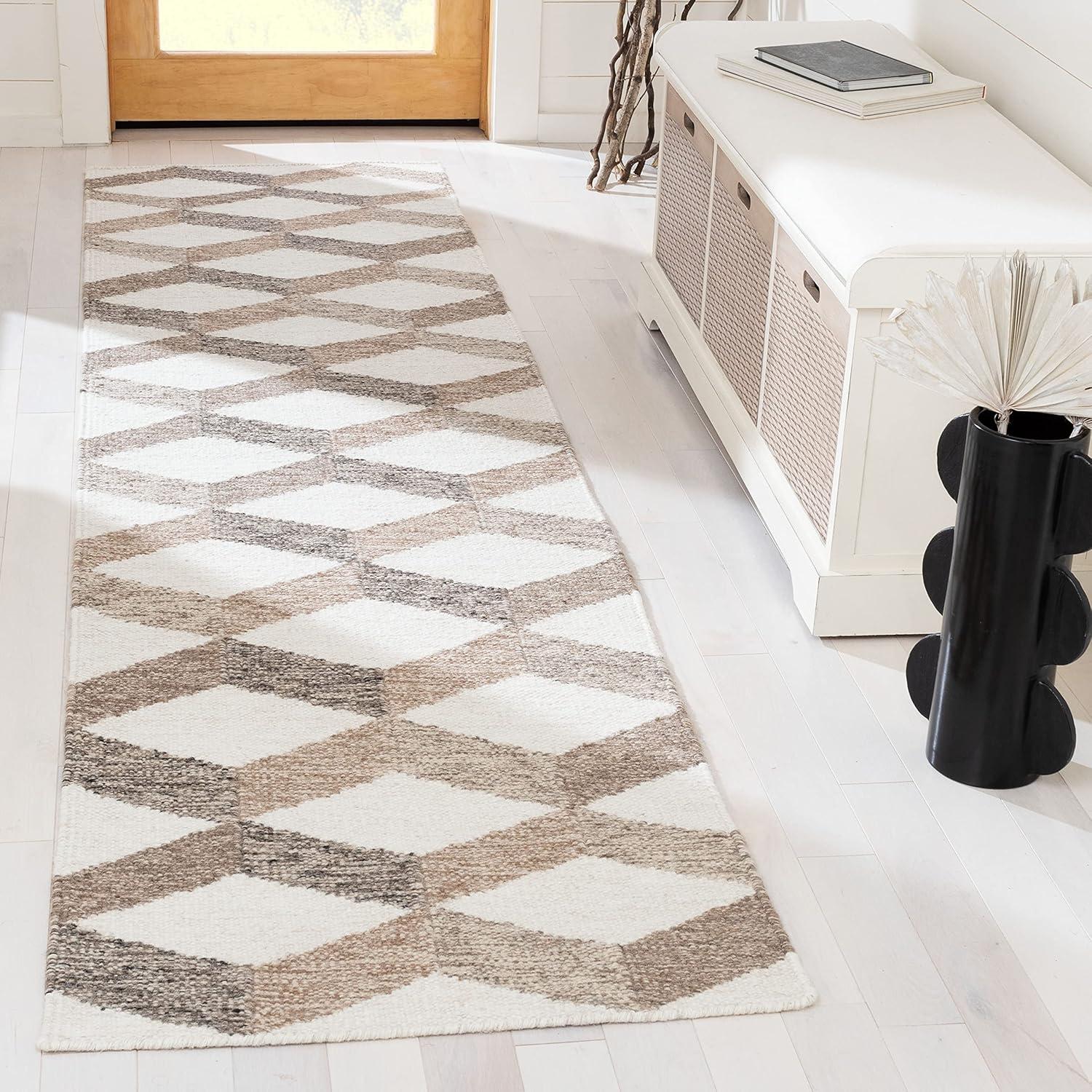 Ivory and Brown Geometric Wool Runner Rug, 2'3" x 9'