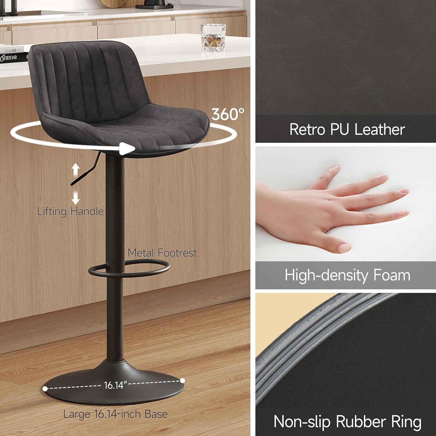 Art Leon Rustic Bar Stools Set of 2, Faux Leather with Backrest Chrome Legs, Upholstered Swivel Kitchen Stools, Black Brown