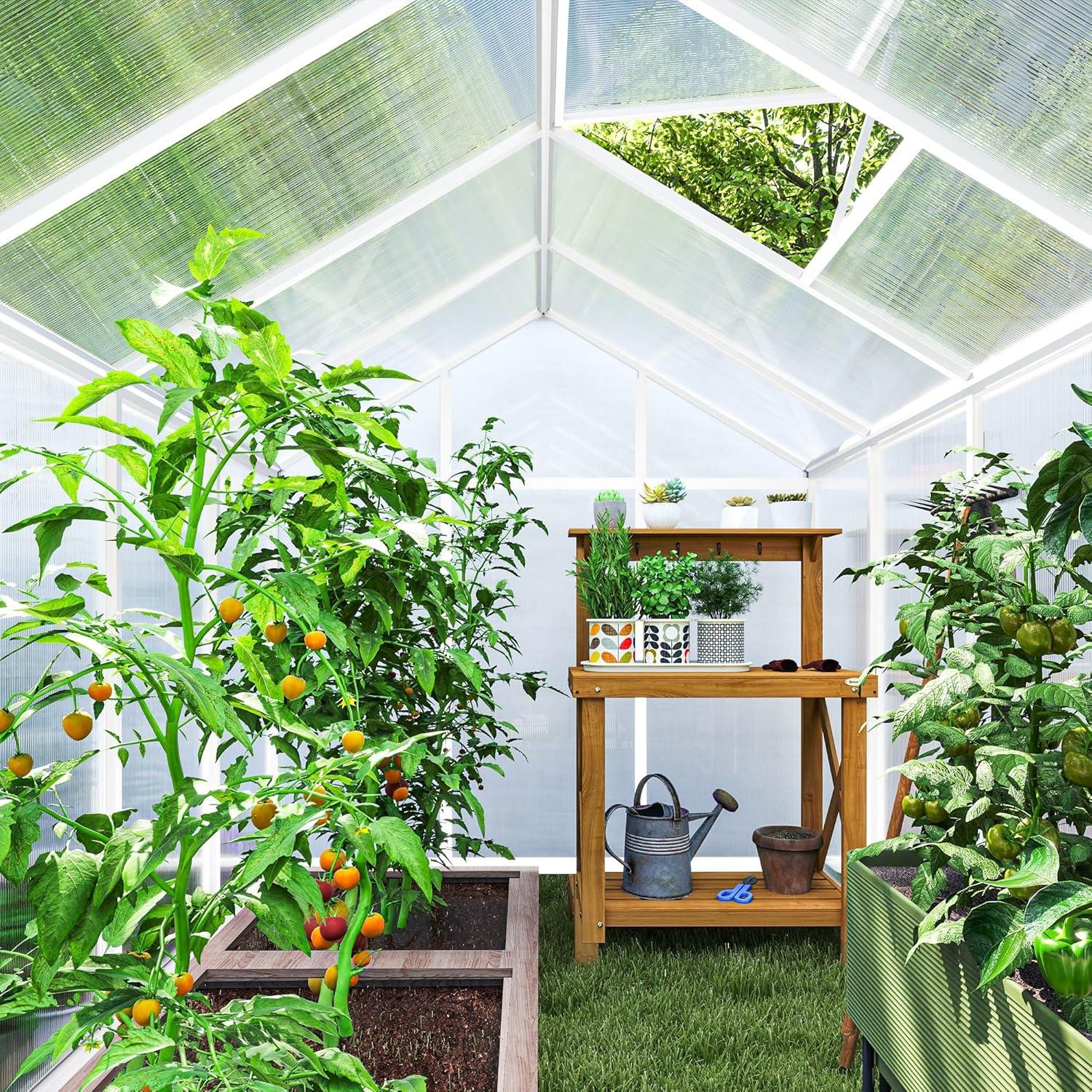 Outsunny Walk-In Polycarbonate Greenhouse with Roof Vent for Ventilation & Rain Gutter, Hobby Greenhouse for Winter