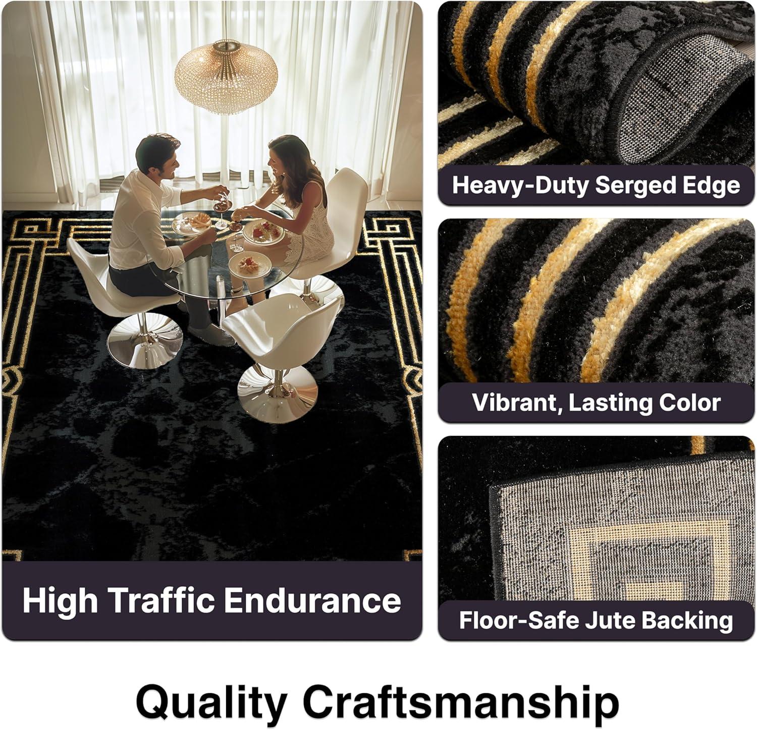 FairmontMarble Abstract Black Gold Glam Area Rug for Living Room, Bedroom, Dining Room and Hallway