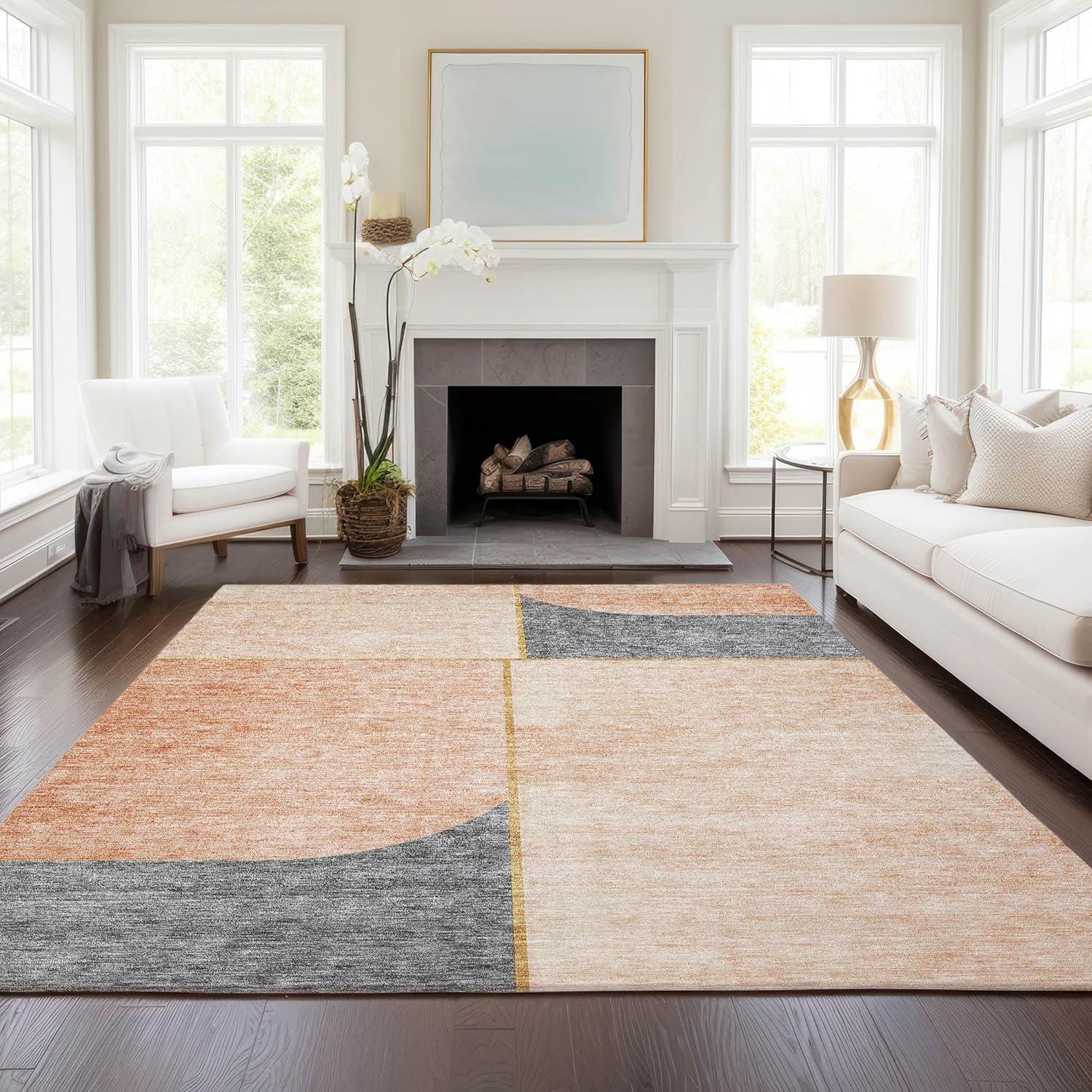 Coral and Gray Rectangular Synthetic Indoor Outdoor Rug