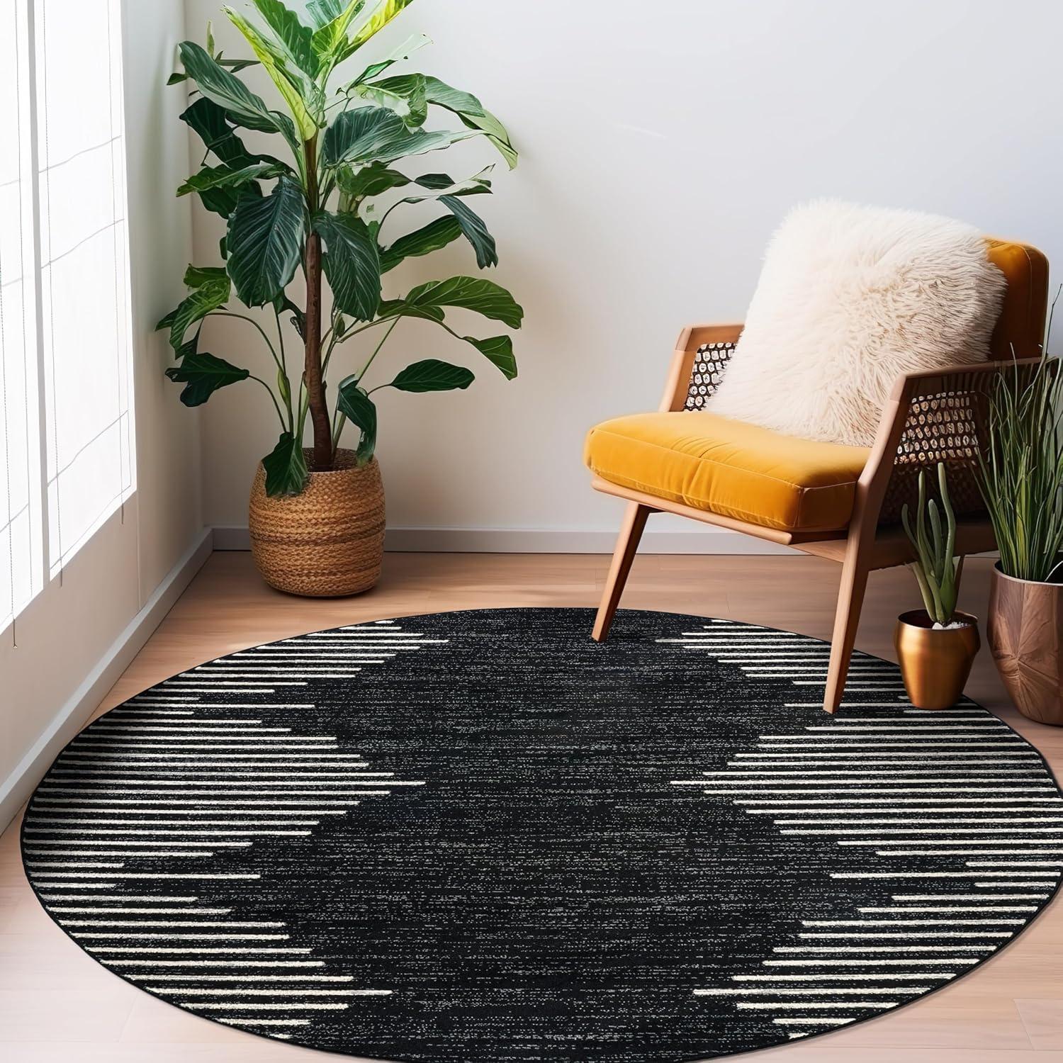 World Rug Gallery Area Rug Bohemian Stripe Jute Rug Carpets for Living Room Rugs for Sale - BLACK 6' Round