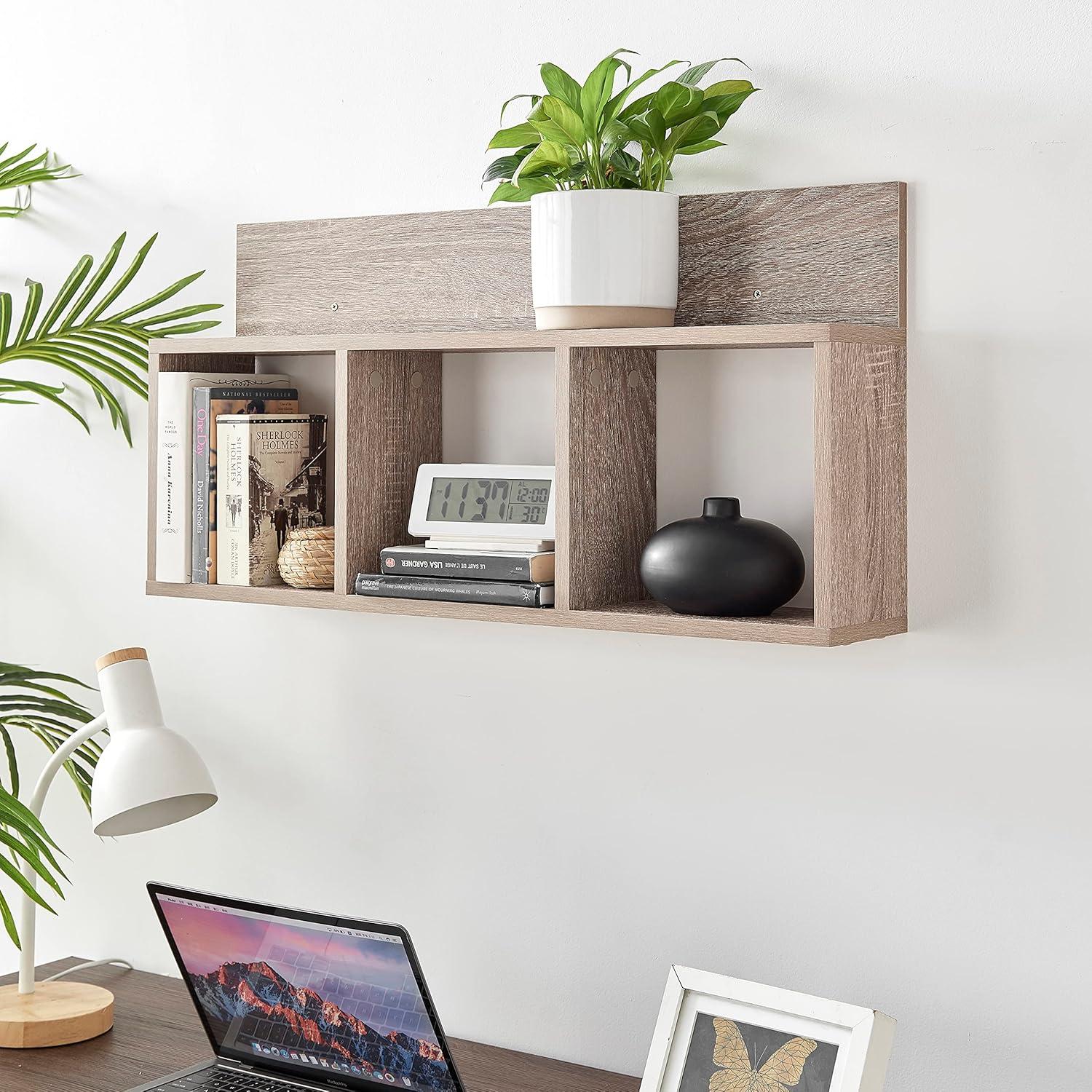 Danya B. 31.5" x 15.7" Modern 3 Cube Floating Wall Shelf with Display Ledge Weathered Oak: Laminated MDF, Iron Hardware