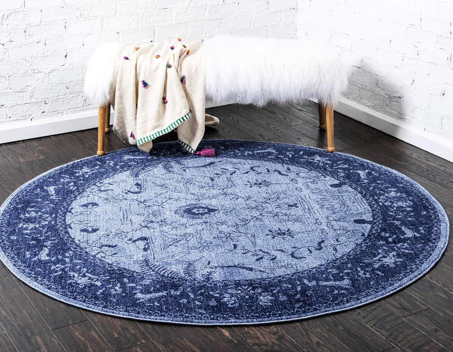 Unique Loom La Jolla Collection Area Rug - Floral (8' Round Blue/Navy Blue)