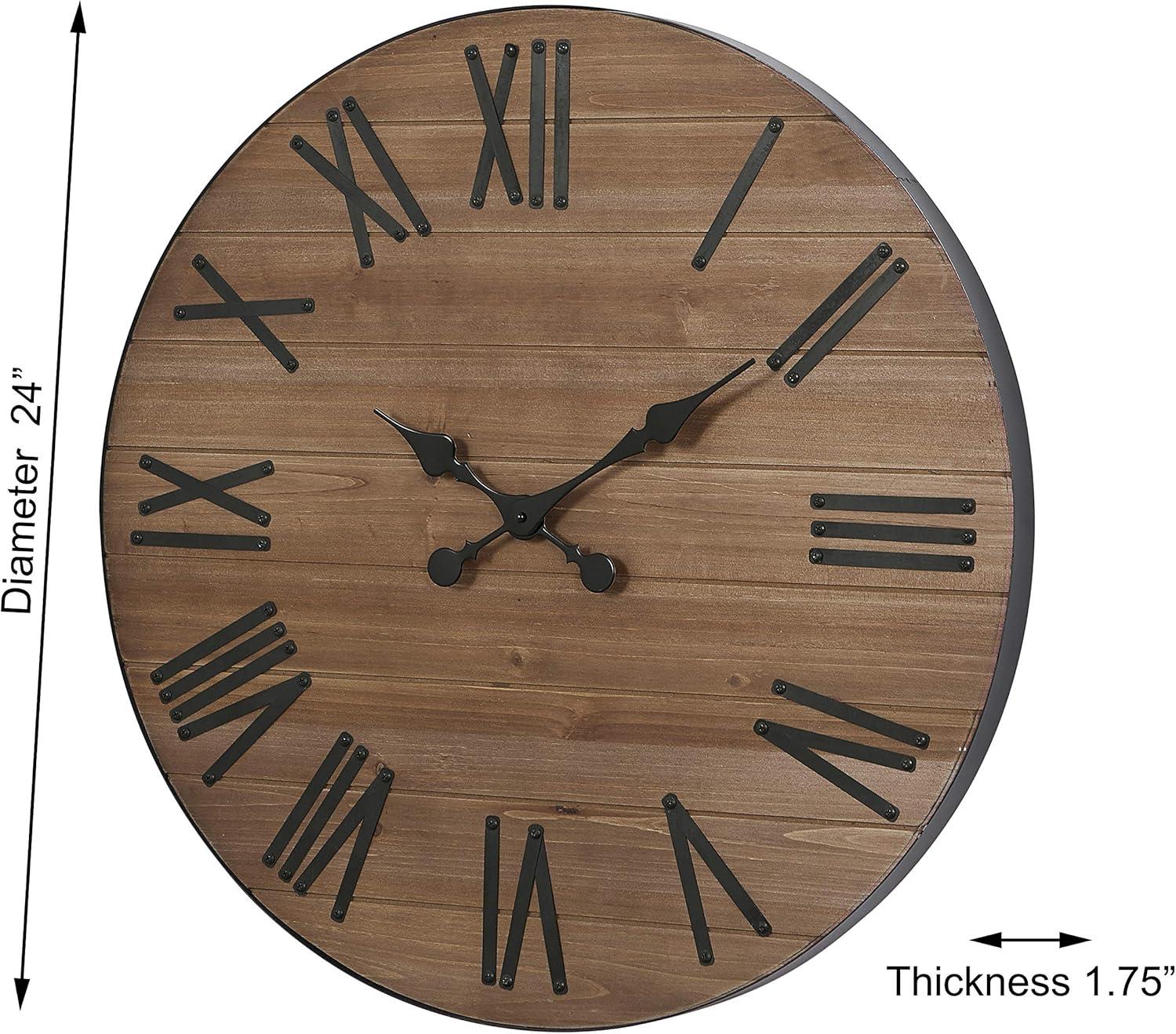 FLORA 24-Inch Brown Wooden Wall Clock with Black Roman Numerals